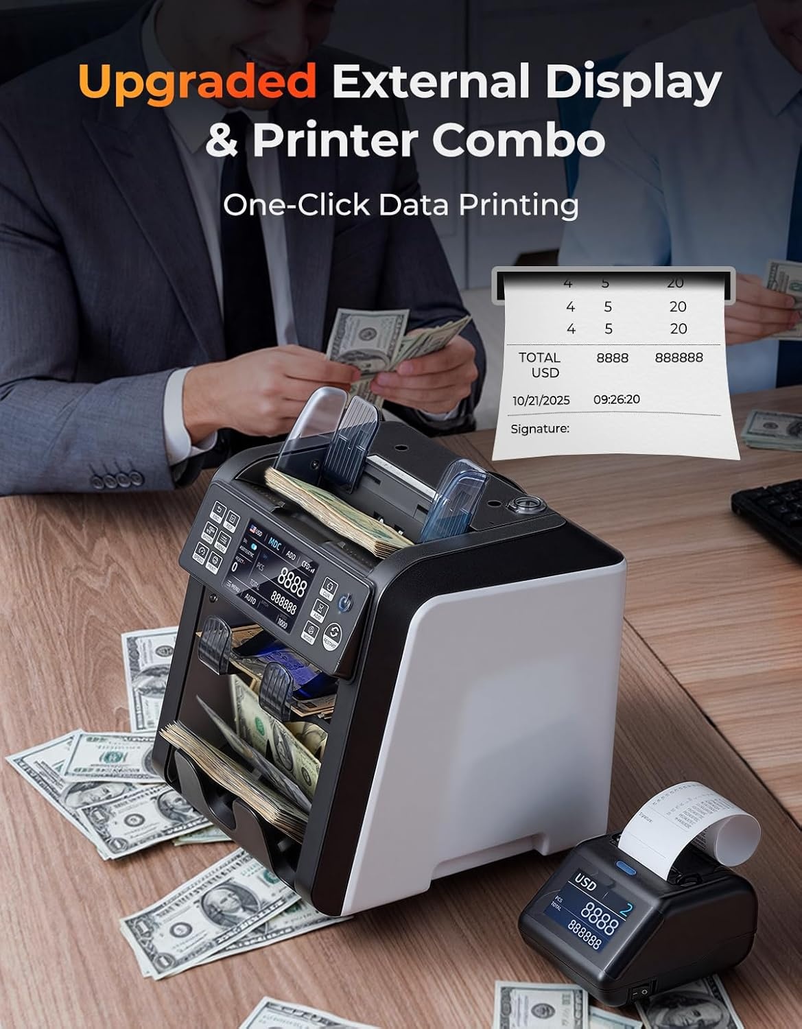 image:imageMUNBYN IMC23 Money Counter Machine Mixed Denomination with Reject Pocket 2 CISUVMGIRDD Counterfeit Detection Multi Currency Touch Screen with External DisplayPrinter in One 2Y Warranty