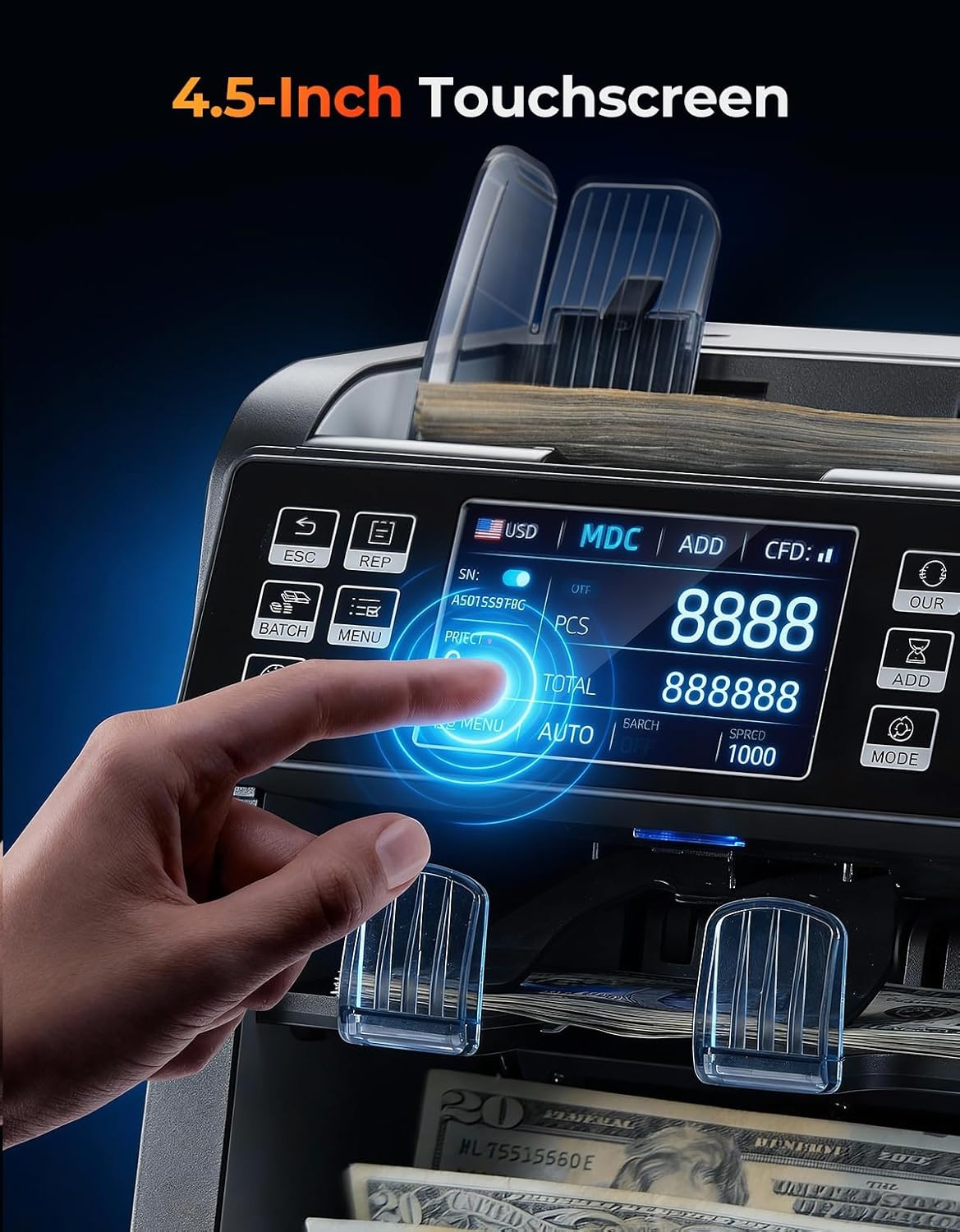 image:imageMUNBYN IMC23 Money Counter Machine Mixed Denomination with Reject Pocket 2 CISUVMGIRDD Counterfeit Detection Multi Currency Touch Screen with External DisplayPrinter in One 2Y Warranty