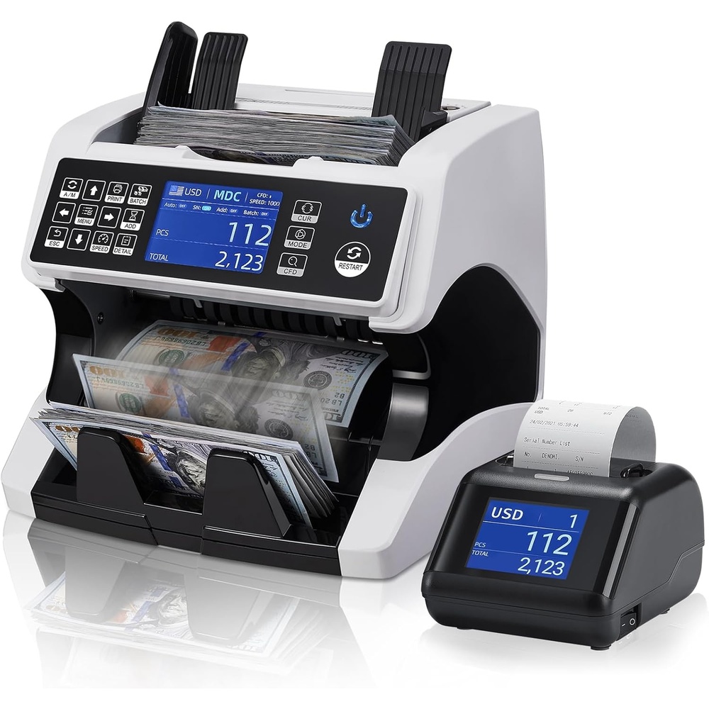 image:imageMUNBYN Bank Grade Money Counter Machine Mixed Denomination with External DisplayPrinter in One Value Counting Serial Number Multi Currency 2CISUVIRMGMT Counterfeit Detection 2Y Warranty