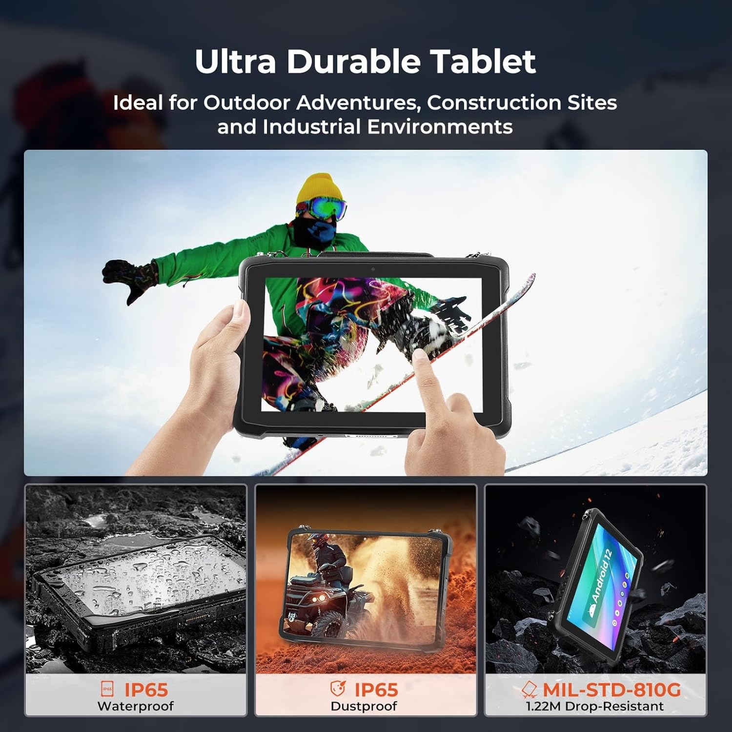 image:imageMUNBYN 101 Rugged Tablet IRT11 Android 14 8GB128GB Rugged Android Tablet with GPS 700nits Outdoor Work PC IP65 Waterproof for Offroad UTV Drone Camping 2Y Protection