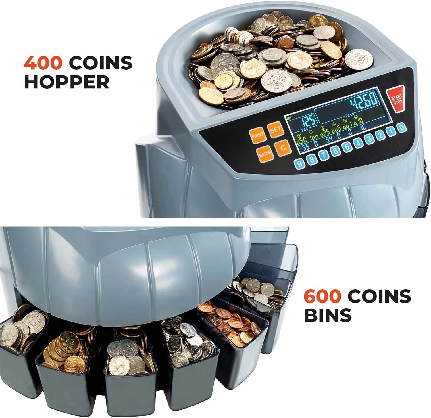 image:imageMUNBYN Coin Counter Machine Coin Sorter Machine 1 5 10 25 50 and Dollar 250 Coinsmin Compatible with Printer Batch Mode Change Counter Machine 6 Bins and Tubes Roller