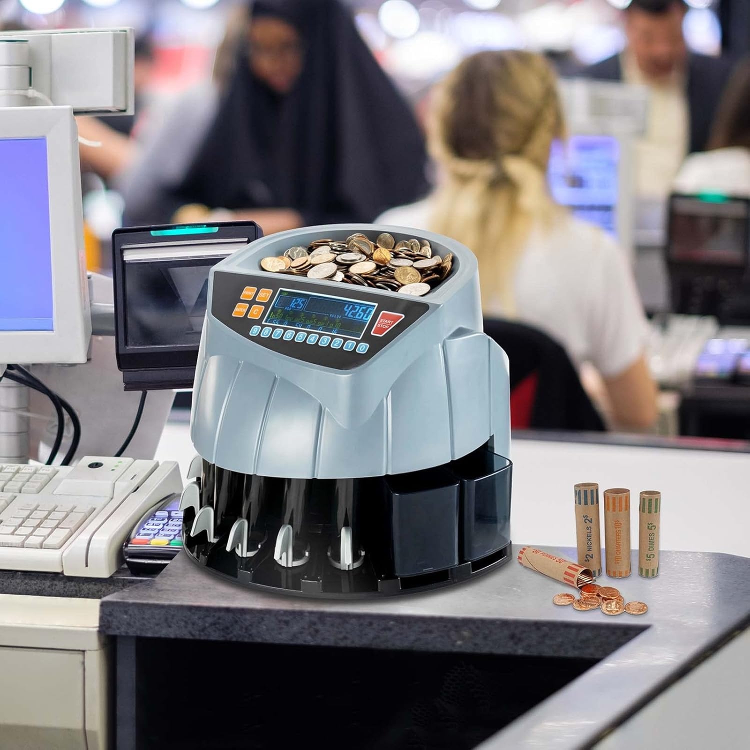image:imageMUNBYN Coin Counter Machine Coin Sorter Machine 1 5 10 25 50 and Dollar 250 Coinsmin Compatible with Printer Batch Mode Change Counter Machine 6 Bins and Tubes Roller