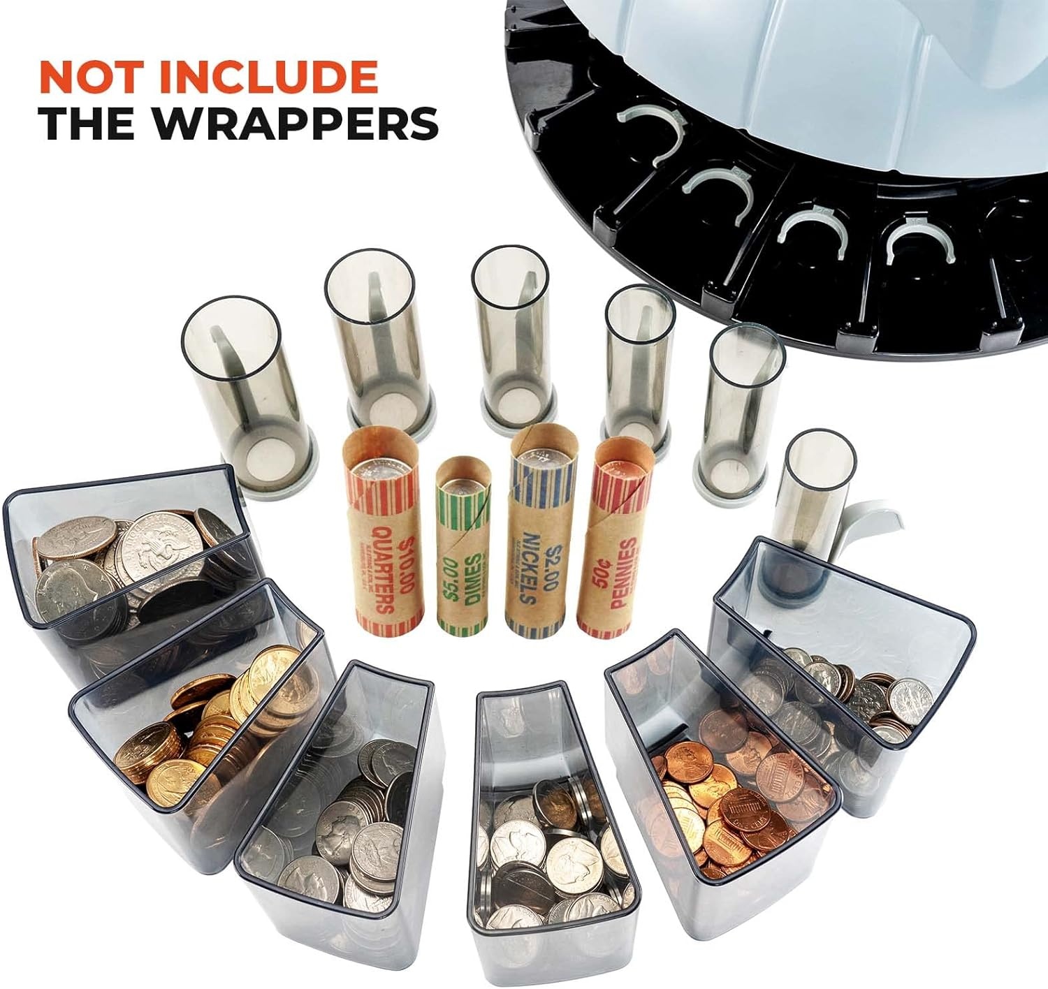 image:imageMUNBYN Coin Counter Machine Coin Sorter Machine 1 5 10 25 50 and Dollar 250 Coinsmin Compatible with Printer Batch Mode Change Counter Machine 6 Bins and Tubes Roller