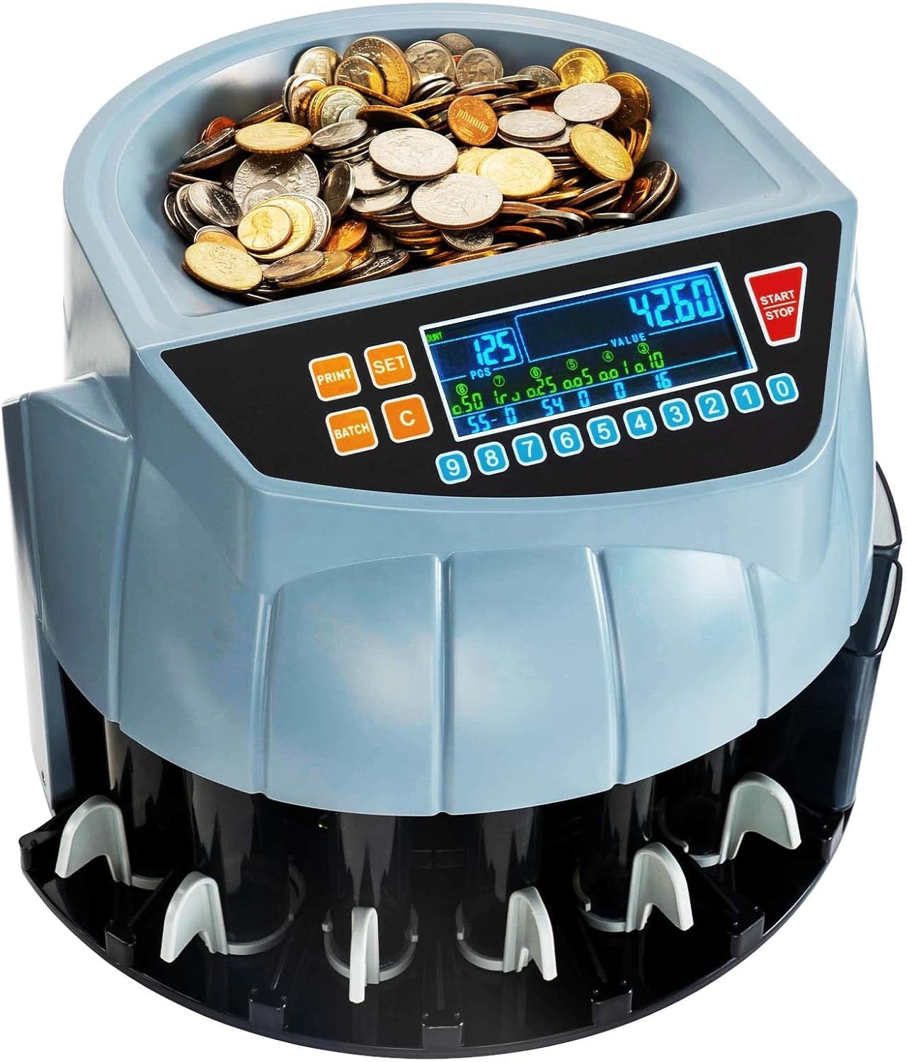 image:imageMUNBYN Coin Counter Machine Coin Sorter Machine 1 5 10 25 50 and Dollar 250 Coinsmin Compatible with Printer Batch Mode Change Counter Machine 6 Bins and Tubes Roller