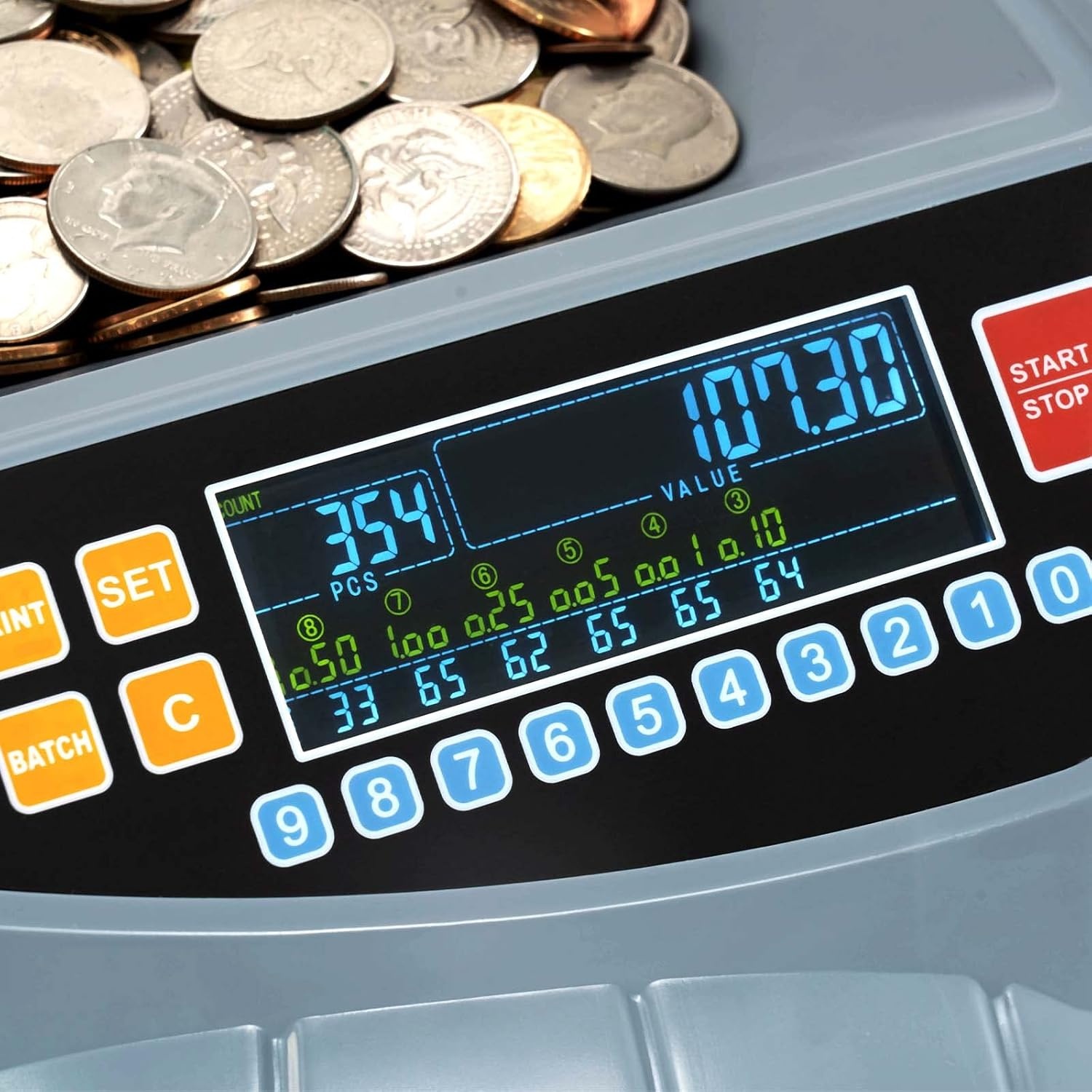 image:imageMUNBYN Coin Counter Machine Coin Sorter Machine 1 5 10 25 50 and Dollar 250 Coinsmin Compatible with Printer Batch Mode Change Counter Machine 6 Bins and Tubes Roller