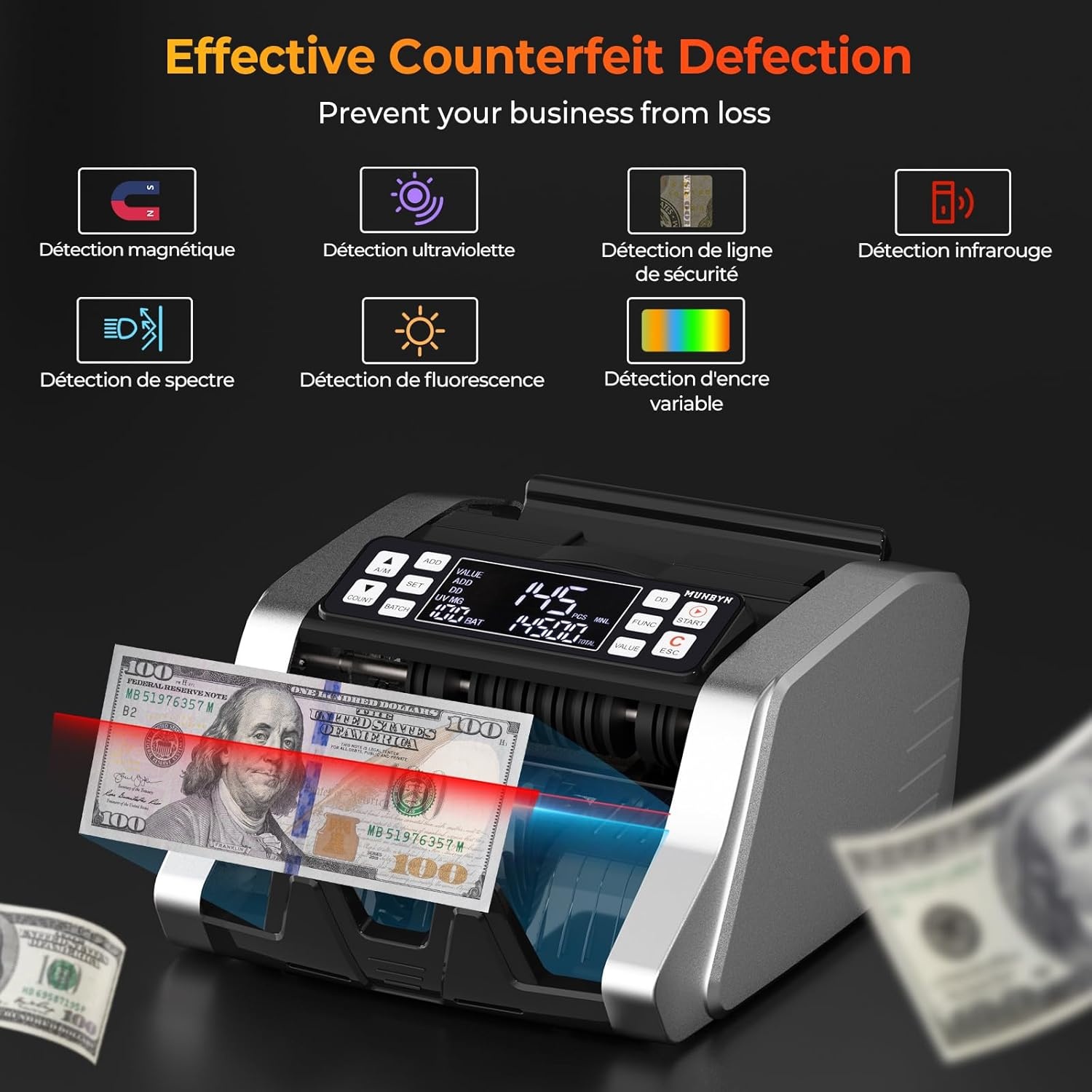 image:imageMUNBYN IMC20 Money Counter Machine with Value Count UVMGIRMT Counterfeit Detection for DollarEuro Bill Counter AddBatchValue Mode Cash Counter LED External Display 2 Years Warranty Grey