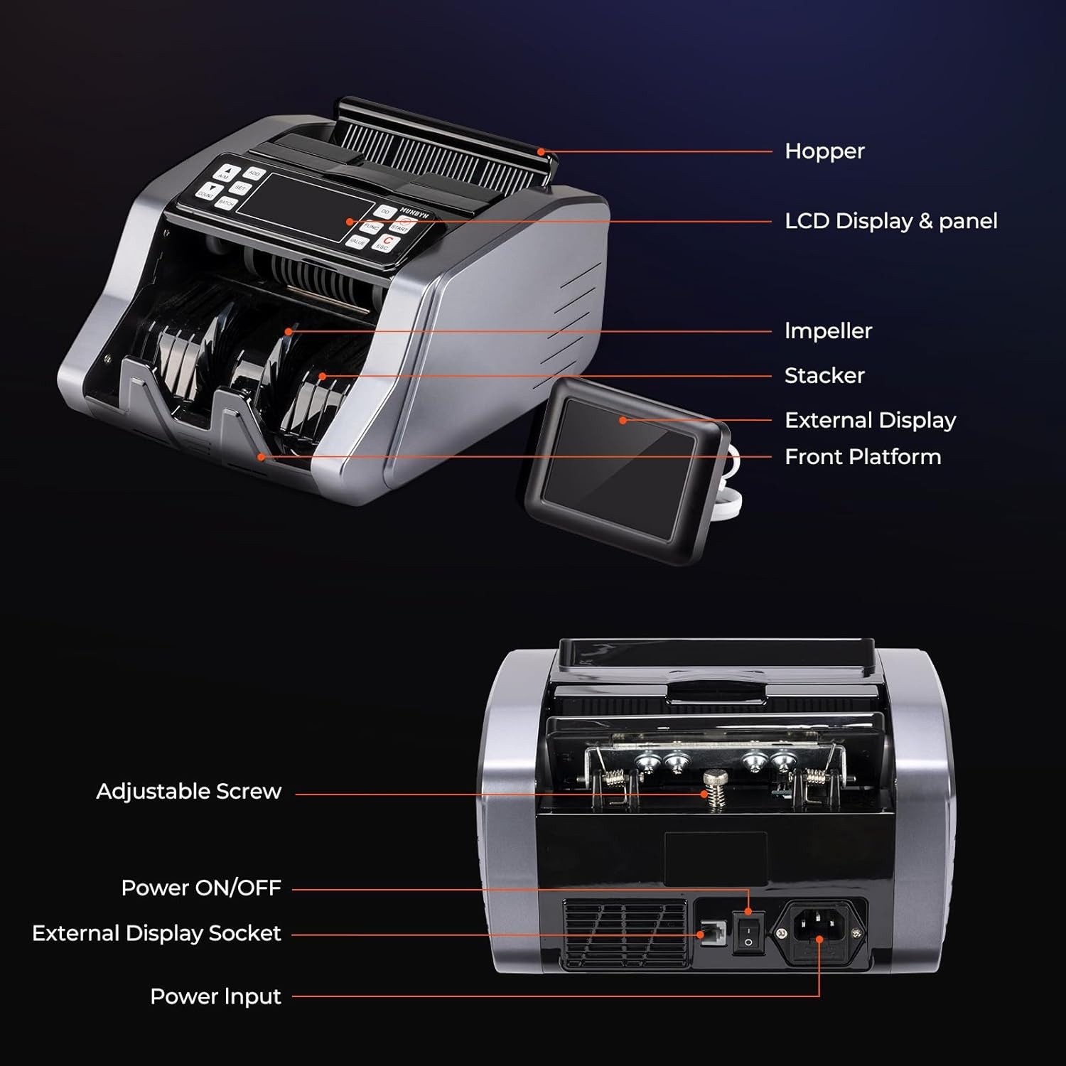image:imageMUNBYN IMC20 Money Counter Machine with Value Count UVMGIRMT Counterfeit Detection for DollarEuro Bill Counter AddBatchValue Mode Cash Counter LED External Display 2 Years Warranty Grey