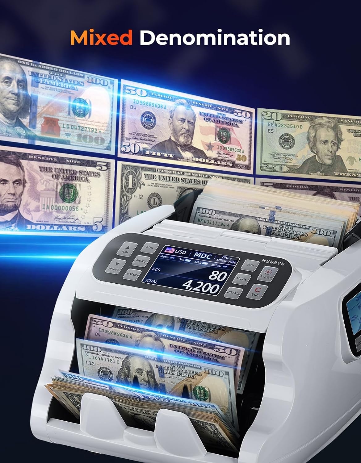 image:imageMUNBYN IMC22 Money Counter Machine Mixed Denomination DualDisplay CISUVIRMG Counterfeit Detection Bill Counter USD MXN COP CAD Cash Counter for Business Merchant 2Y Protect White