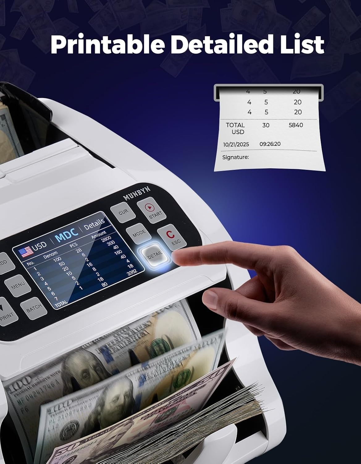 image:imageMUNBYN IMC22 Money Counter Machine Mixed Denomination DualDisplay CISUVIRMG Counterfeit Detection Bill Counter USD MXN COP CAD Cash Counter for Business Merchant 2Y Protect White