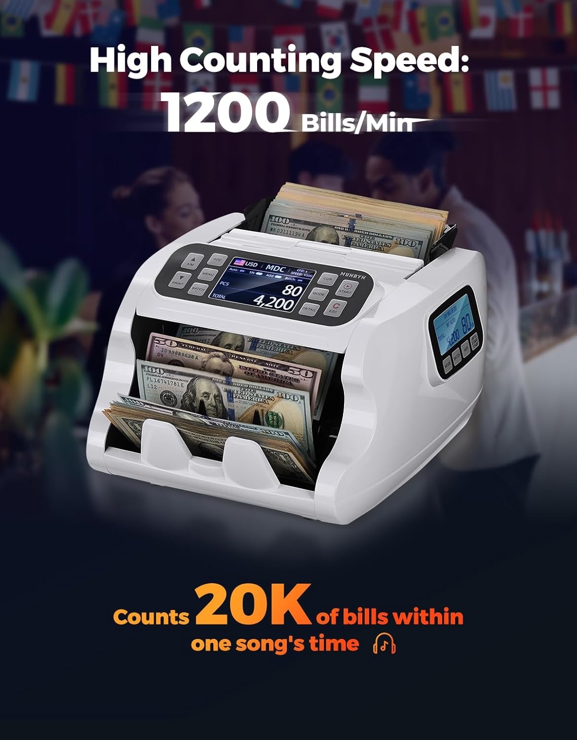 image:imageMUNBYN IMC22 Money Counter Machine Mixed Denomination DualDisplay CISUVIRMG Counterfeit Detection Bill Counter USD MXN COP CAD Cash Counter for Business Merchant 2Y Protect White