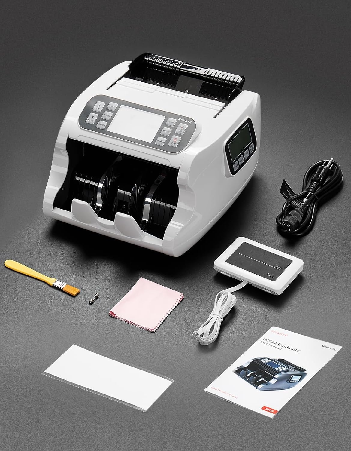 image:imageMUNBYN IMC22 Money Counter Machine Mixed Denomination DualDisplay CISUVIRMG Counterfeit Detection Bill Counter USD MXN COP CAD Cash Counter for Business Merchant 2Y Protect White