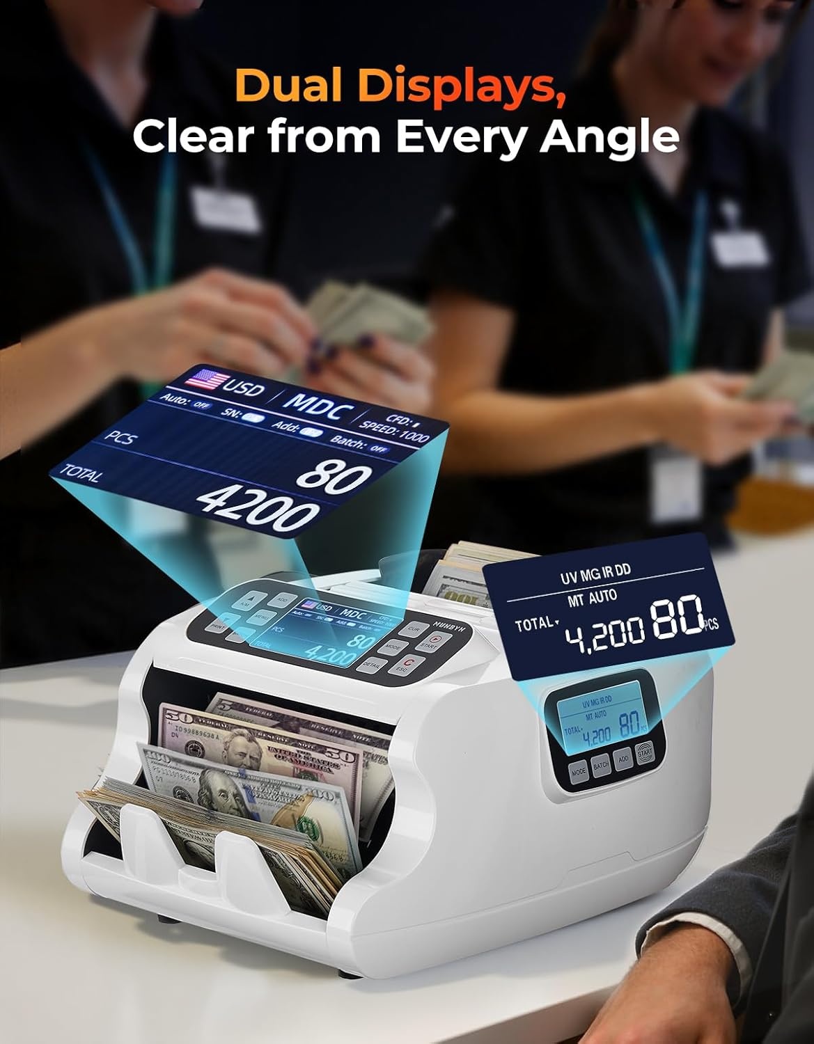 image:imageMUNBYN IMC22 Money Counter Machine Mixed Denomination DualDisplay CISUVIRMG Counterfeit Detection Bill Counter USD MXN COP CAD Cash Counter for Business Merchant 2Y Protect White