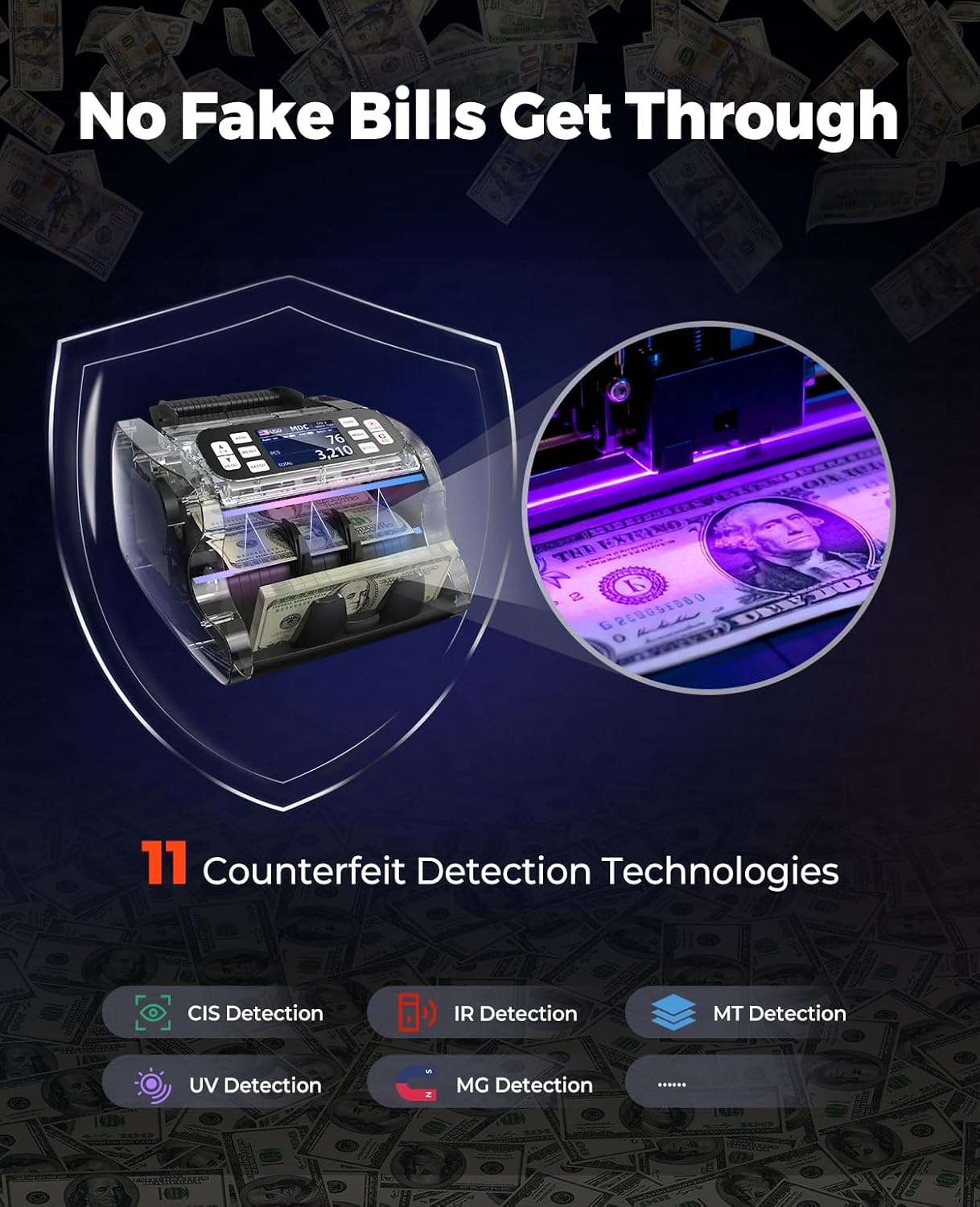 image:imageMUNBYN IMC22 Money Counter Machine Mixed Denomination DualDisplay CISUVIRMG Counterfeit Detection Bill Counter USD MXN EUR CAD Cash Counter for Business Merchant 2Y Protect Black
