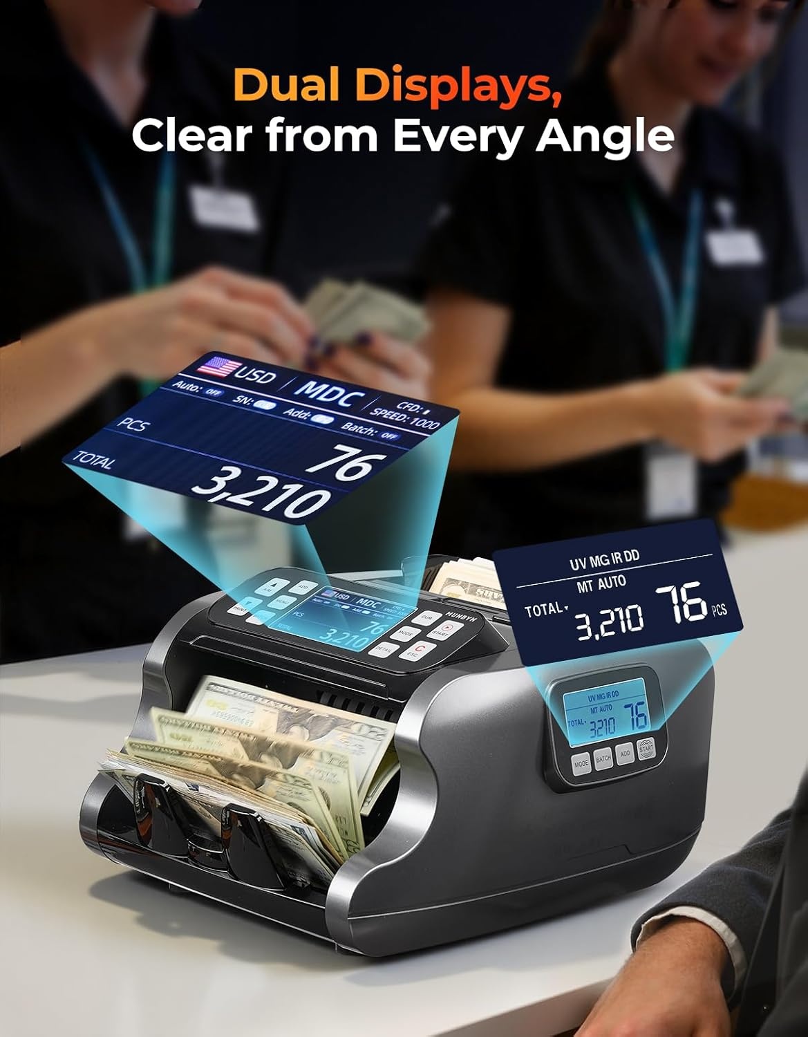 image:imageMUNBYN IMC22 Money Counter Machine Mixed Denomination DualDisplay CISUVIRMG Counterfeit Detection Bill Counter USD MXN EUR CAD Cash Counter for Business Merchant 2Y Protect Black