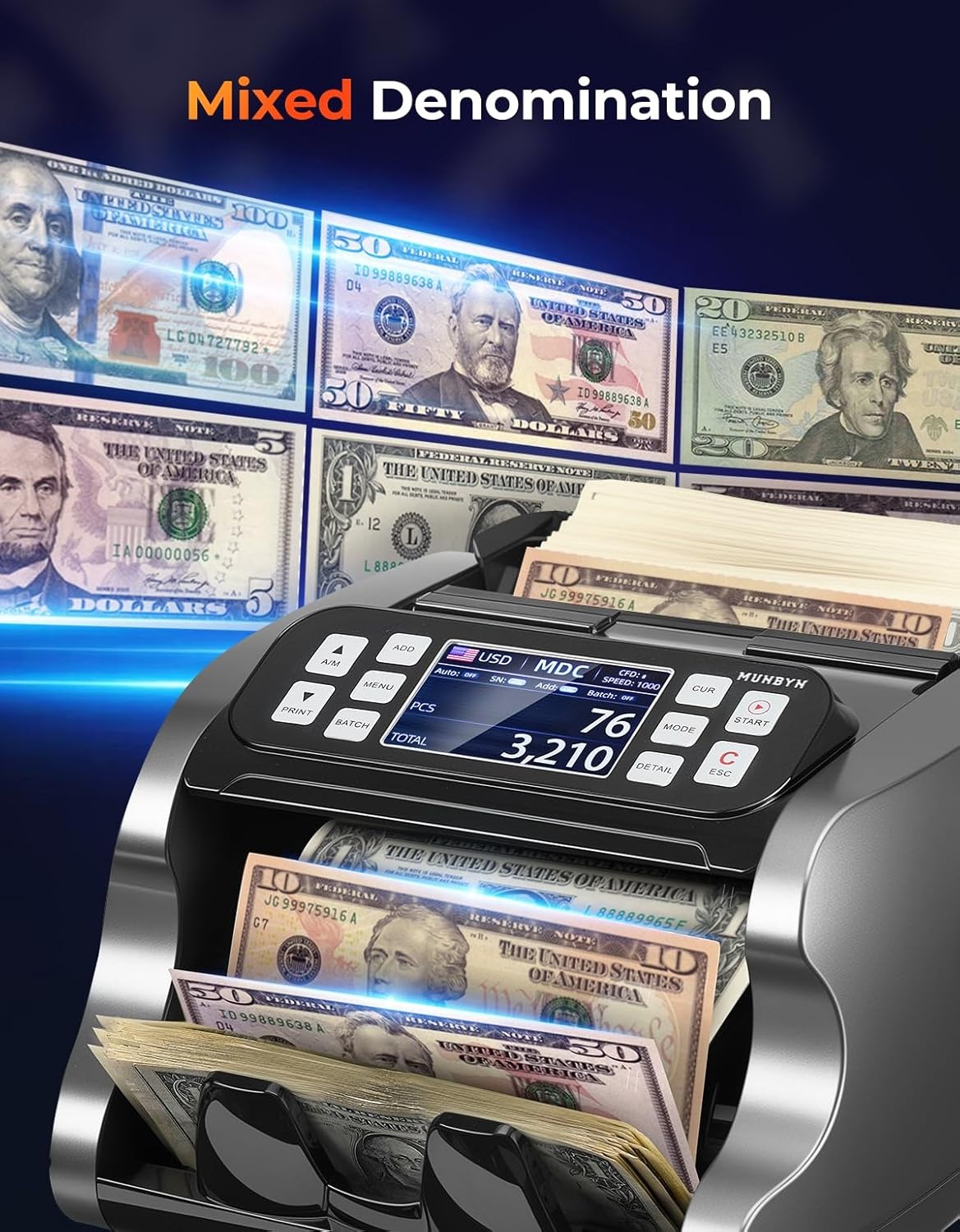 image:imageMUNBYN IMC22 Money Counter Machine Mixed Denomination DualDisplay CISUVIRMG Counterfeit Detection Bill Counter USD MXN EUR CAD Cash Counter for Business Merchant 2Y Protect Black