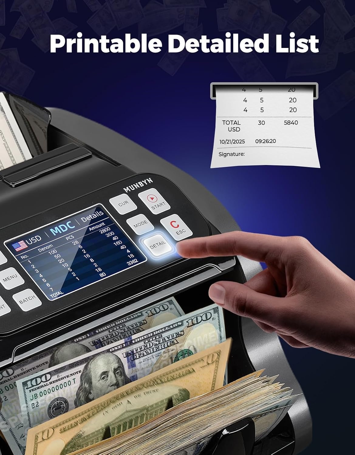 image:imageMUNBYN IMC22 Money Counter Machine Mixed Denomination DualDisplay CISUVIRMG Counterfeit Detection Bill Counter USD MXN EUR CAD Cash Counter for Business Merchant 2Y Protect Black