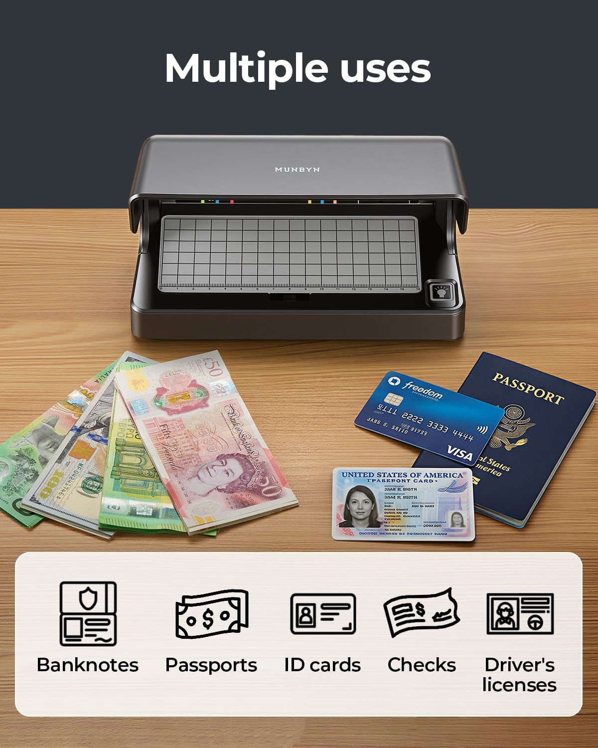 image:imageMUNBYN IMC26 Counterfeit Bill Detector with Dual UV LED Light Money Checker for Credit Card amp ID Detection All Currencies Auto OnOff Rechargeable Battery Suitable for Outdoor Use 2Y Protect