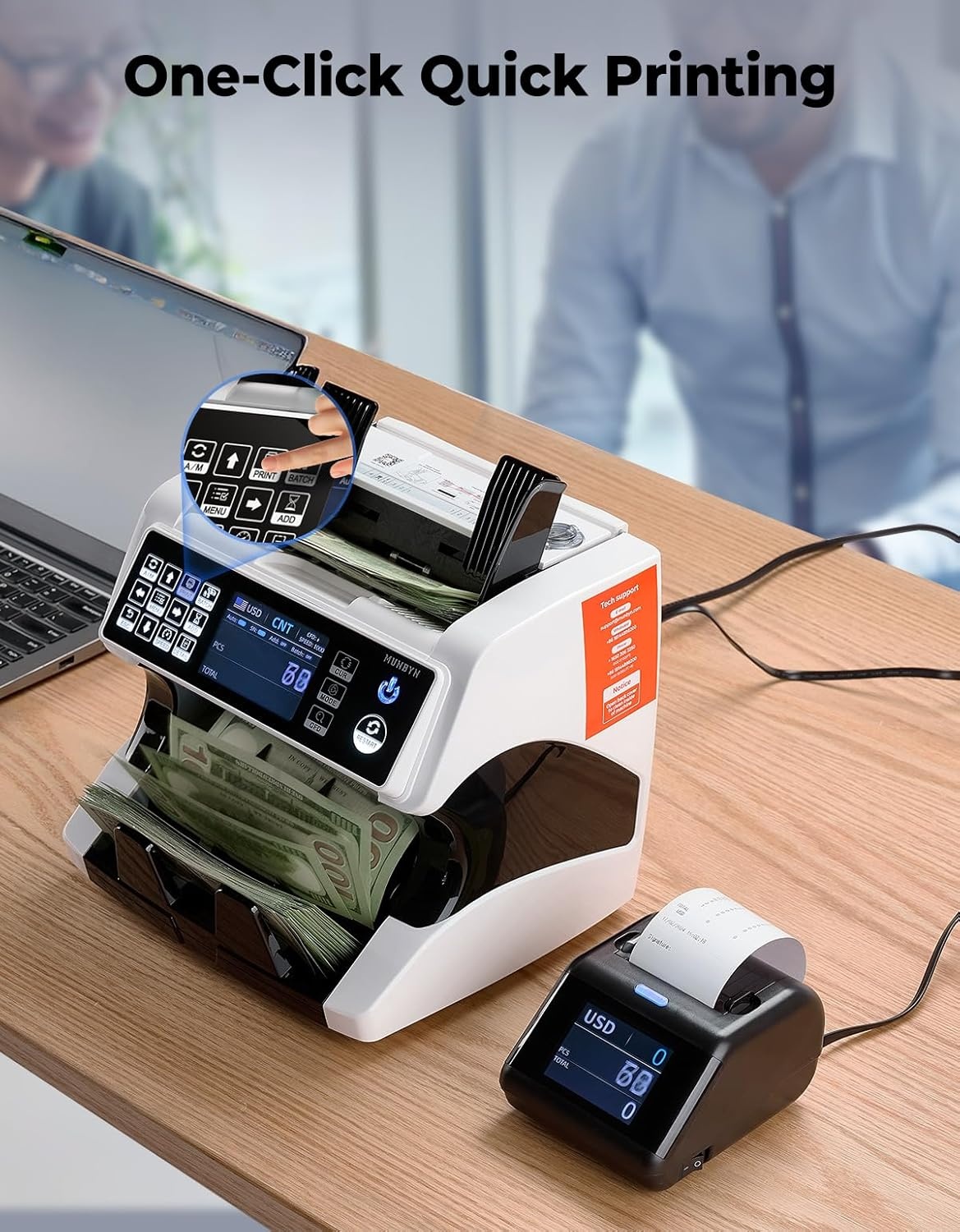image:imageMUNBYN P01 Thermal Printer for IMC01 IMC08 IMC09 Money Counter Machine Mixed Denomination External DisplayPrinter in One Connects via RJ11 Plug Receipt Printer Suitable for 58 mm Thermal Paper