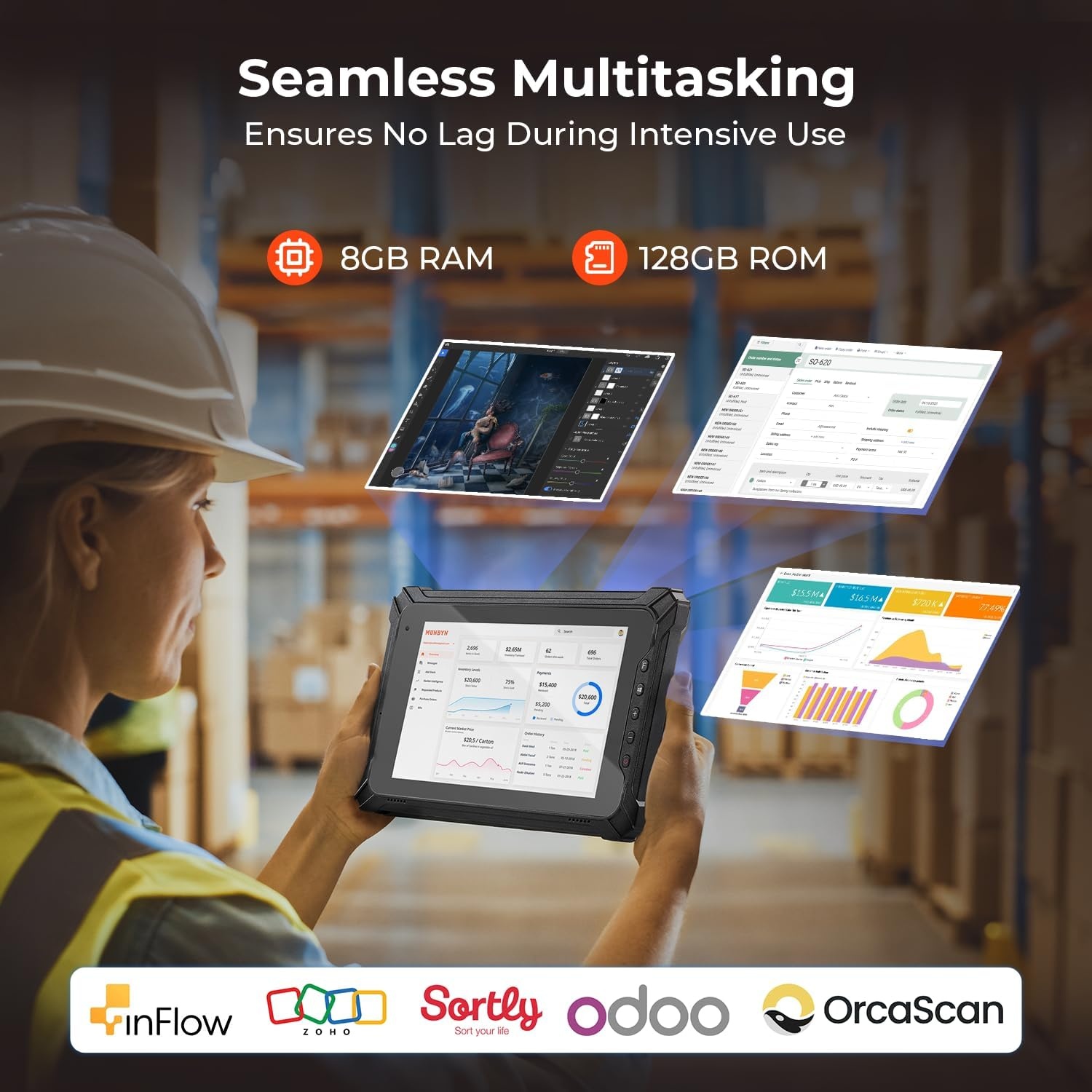 image:imageMUNBYN Rugged Windows Tablet with Barcode Scanner IRT06 8 Windows 11 Pro Equip with Honeywell N4680 1D2D QR Inventory Scanner 8GB128GB Industrial Tablets for ERP WMS