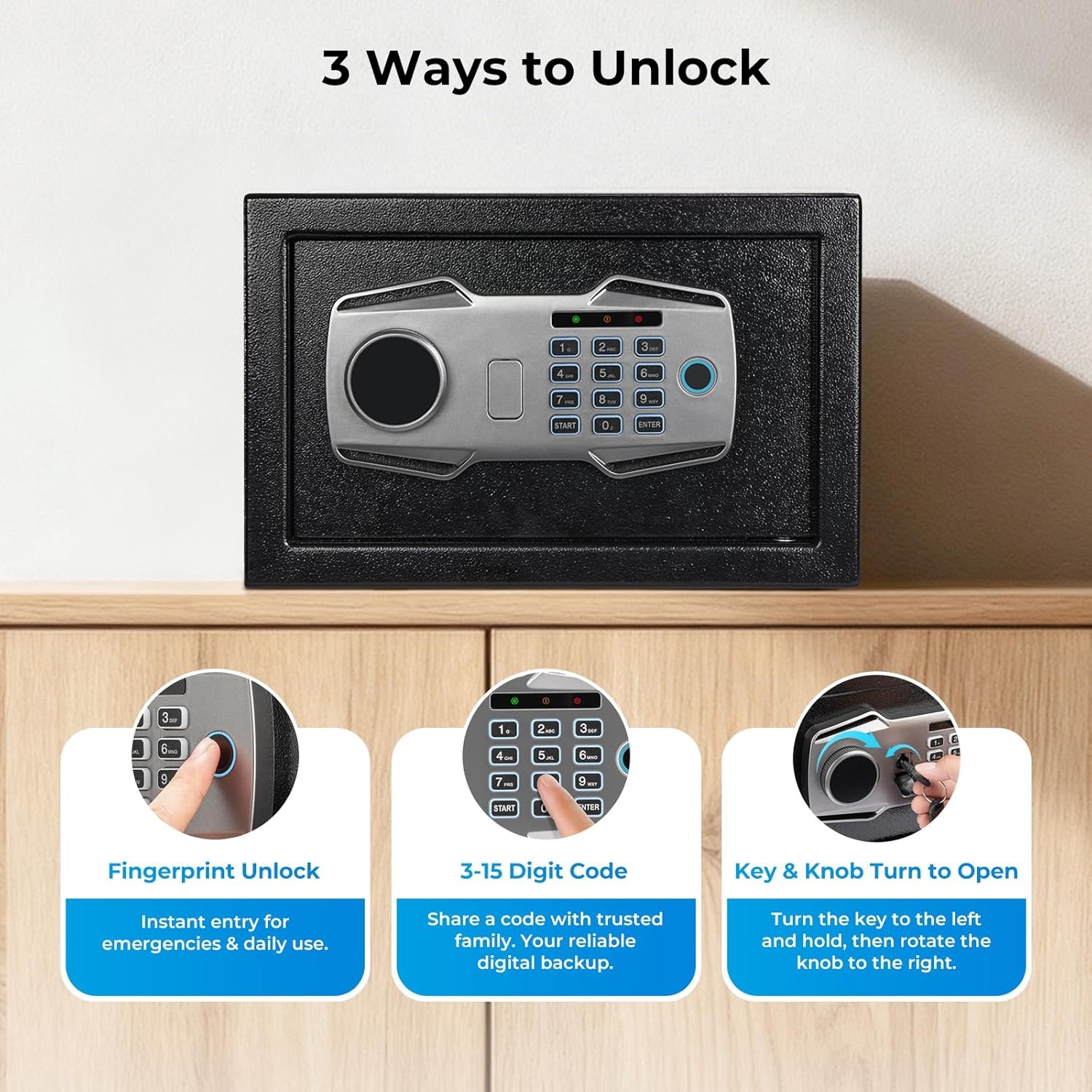 image:imageMUNBYN Smart Biometric Fingerprint Safe 3Way Access Lock Box with Electronic Keypad Display Screen amp USBC Port Small Caja Fuerte with AntiRust and AntiTheft for Home amp Office Cash Document
