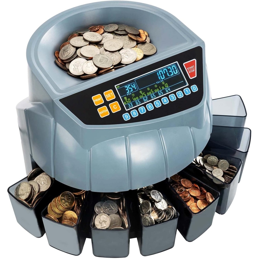 image:imageMUNBYN Coin Counter Machine Coin Sorter Machine 1 5 10 25 50 and Dollar 250 Coinsmin Compatible with Printer Batch Mode Change Counter Machine 6 Bins and Tubes Roller
