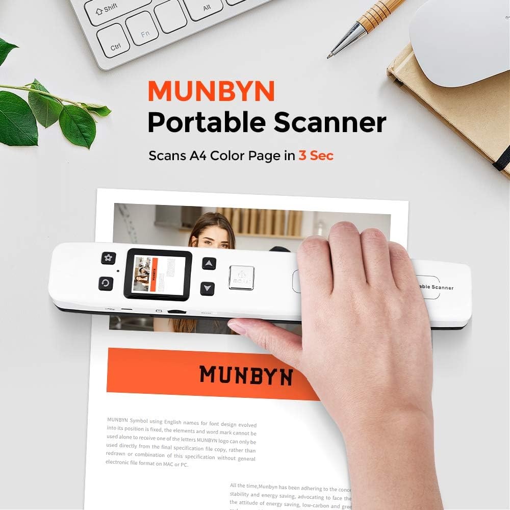 image:imageMUNBYN Portable Scanner Photo Scanner for Documents Pictures Texts at 1050 DPI Flat Scanning Includes 16GB SD Card Uploads Images to Computer via USB or Builtin WiFi No Driver Needed White
