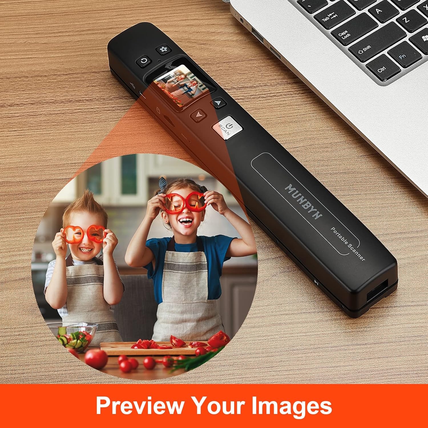 image:imageMUNBYN Portable Scanner Photo Scanner for Documents Pictures Texts at 1050 DPI Flat Scanning Includes 16GB SD Card Uploads Images to Computer via USB or Builtin WiFi No Driver Needed Black