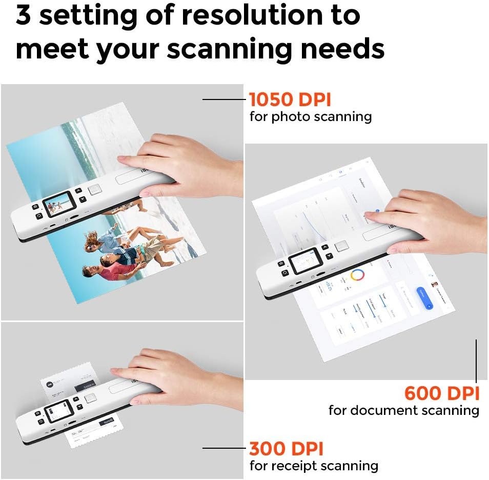 image:imageMUNBYN Portable Scanner Photo Scanner for Documents Pictures Texts at 1050 DPI Flat Scanning Includes 16GB SD Card Uploads Images to Computer via USB or Builtin WiFi No Driver Needed White