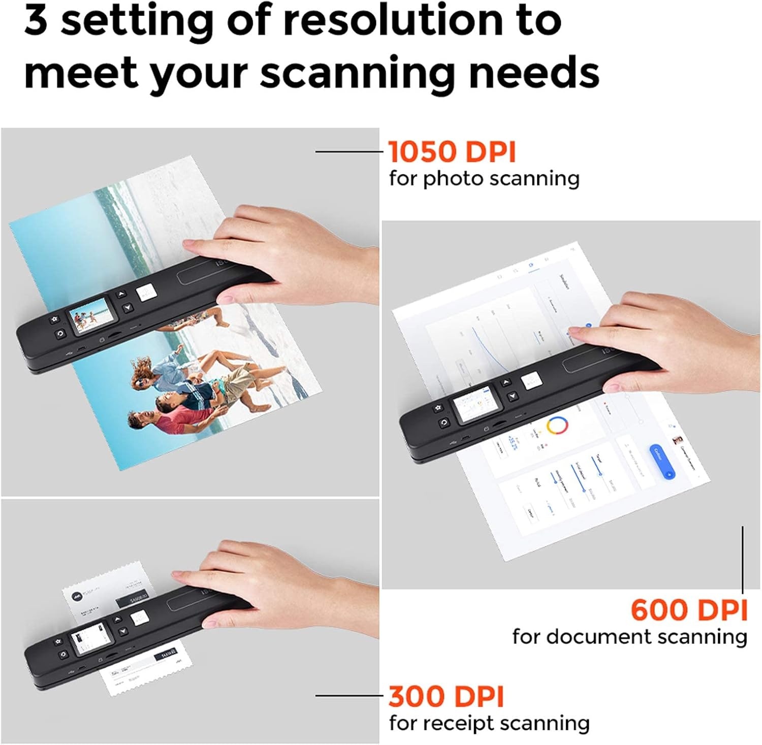 image:imageMUNBYN Portable Scanner Photo Scanner for Documents Pictures Texts at 1050 DPI Flat Scanning Includes 16GB SD Card Uploads Images to Computer via USB or Builtin WiFi No Driver Needed Black