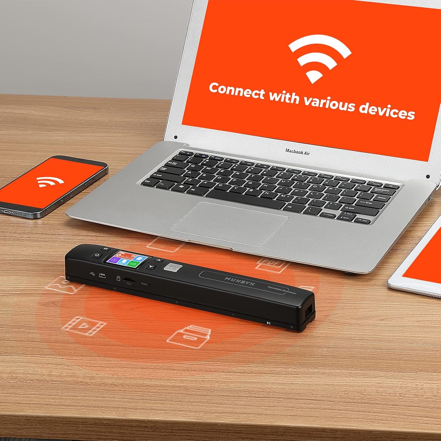 image:imageMUNBYN Portable Scanner Photo Scanner for Documents Pictures Texts at 1050 DPI Flat Scanning Includes 16GB SD Card Uploads Images to Computer via USB or Builtin WiFi No Driver Needed Black