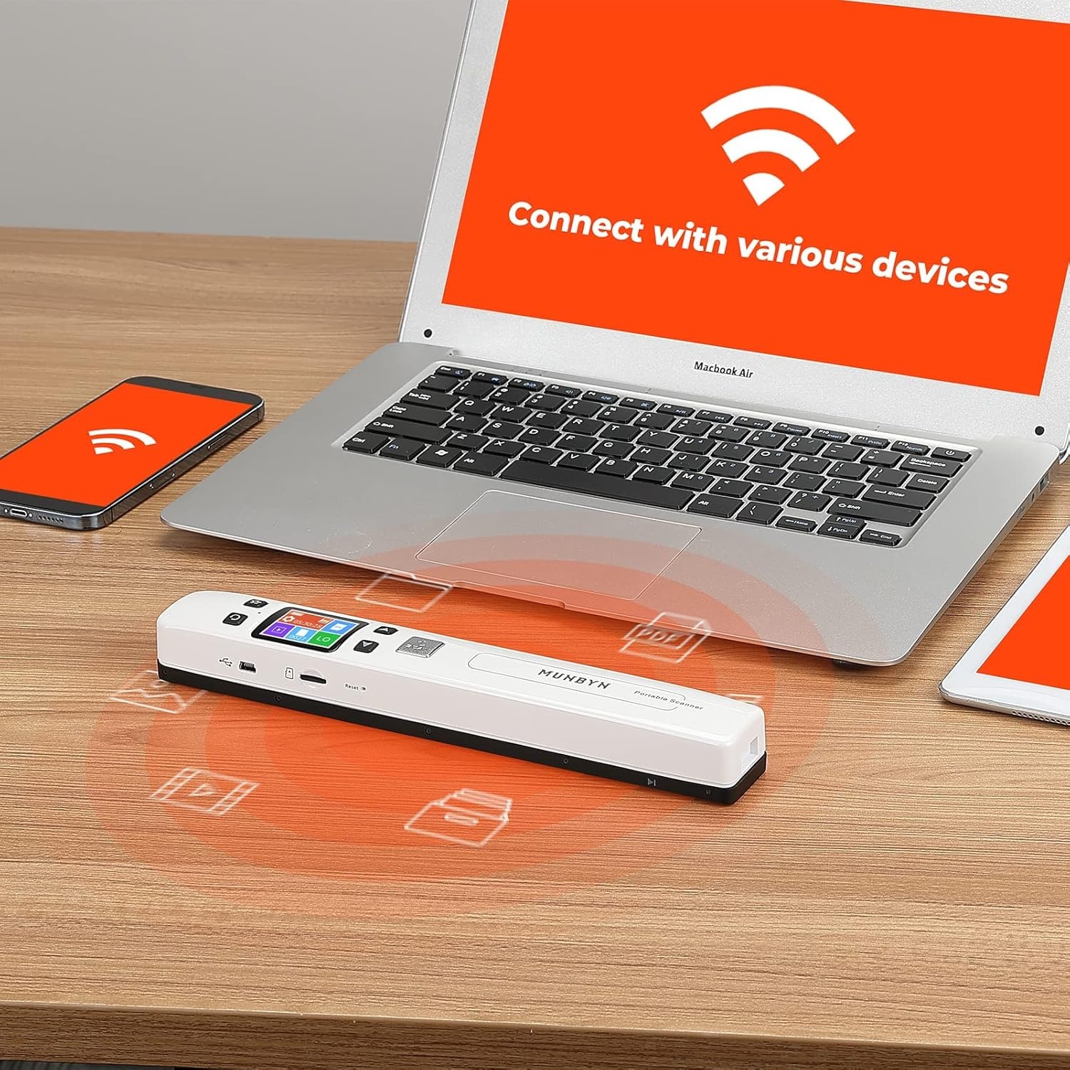 image:imageMUNBYN Portable Scanner Photo Scanner for Documents Pictures Texts at 1050 DPI Flat Scanning Includes 16GB SD Card Uploads Images to Computer via USB or Builtin WiFi No Driver Needed White