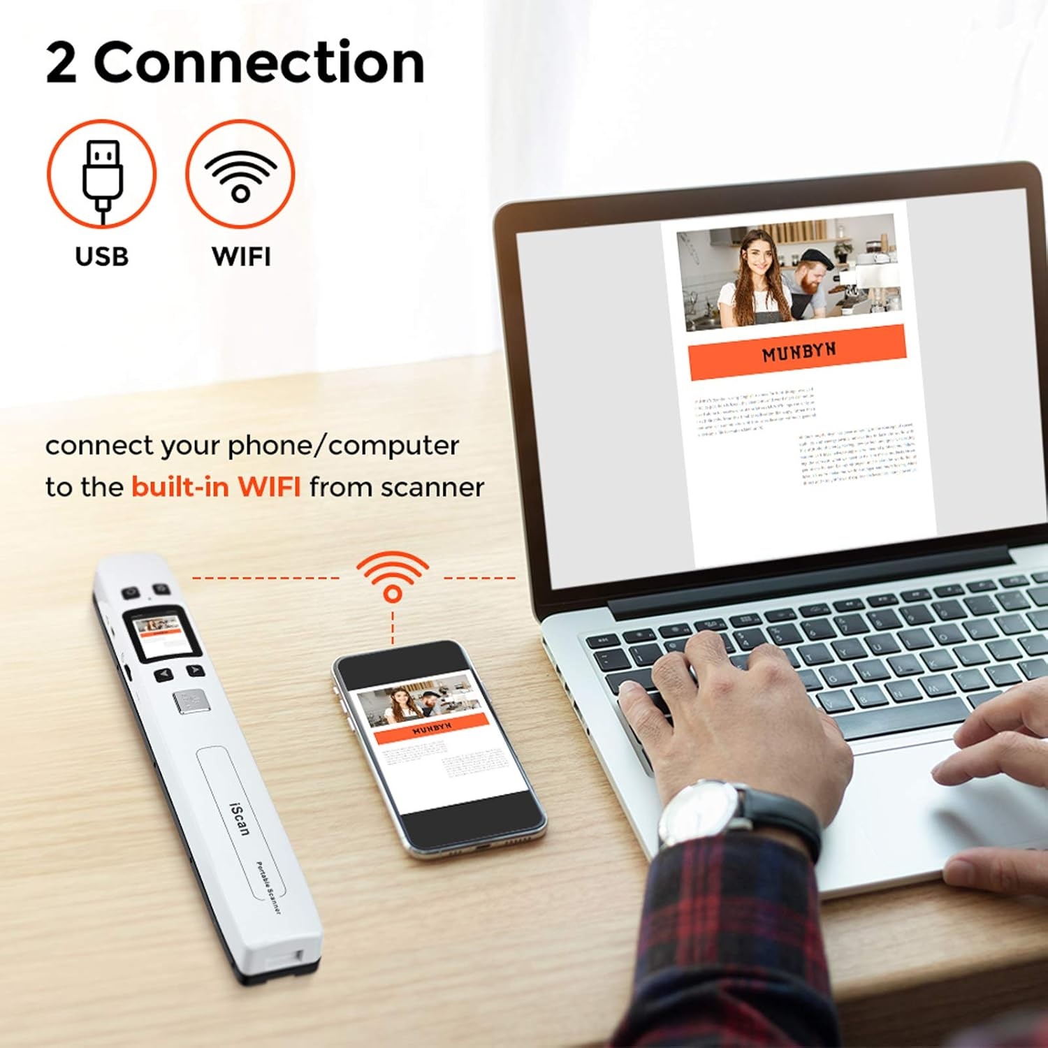 image:imageWiFi Portable Scanner with HD LCD Display MUNBYN Wireless Handheld Document Scanner With 16G SD Micro Card A4 Size 1050DPI Support JEPG or PDF Scan Format