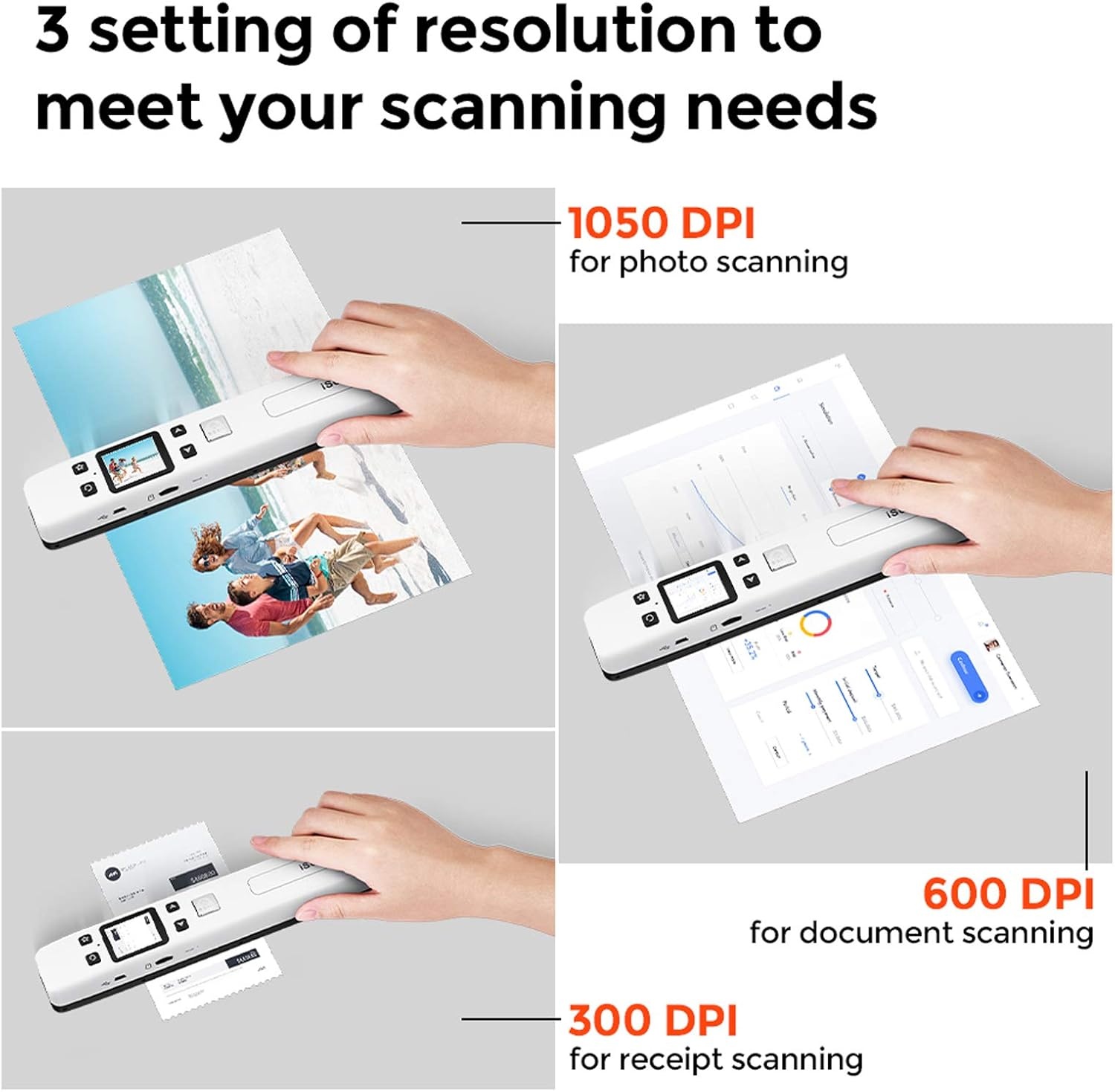 image:imageWiFi Portable Scanner with HD LCD Display MUNBYN Wireless Handheld Document Scanner With 16G SD Micro Card A4 Size 1050DPI Support JEPG or PDF Scan Format