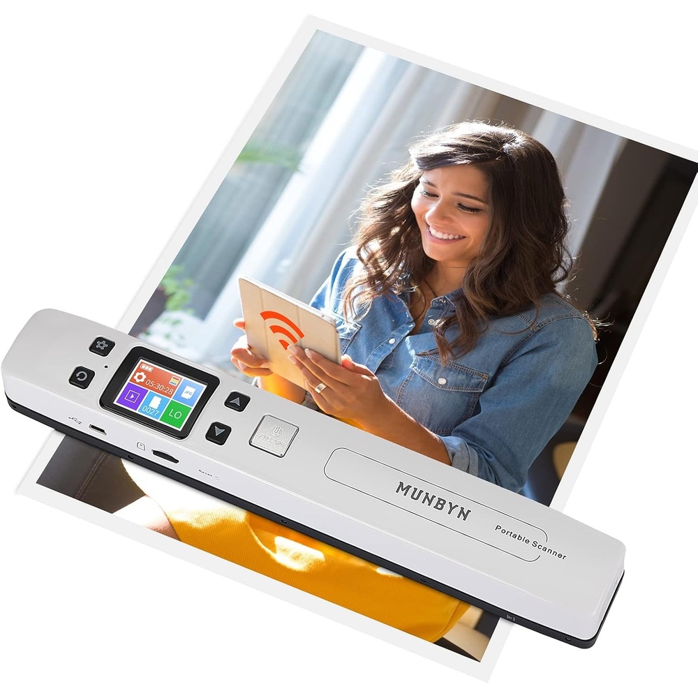 image:imageMUNBYN Portable Scanner Photo Scanner for Documents Pictures Texts at 1050 DPI Flat Scanning Includes 16GB SD Card Uploads Images to Computer via USB or Builtin WiFi No Driver Needed White