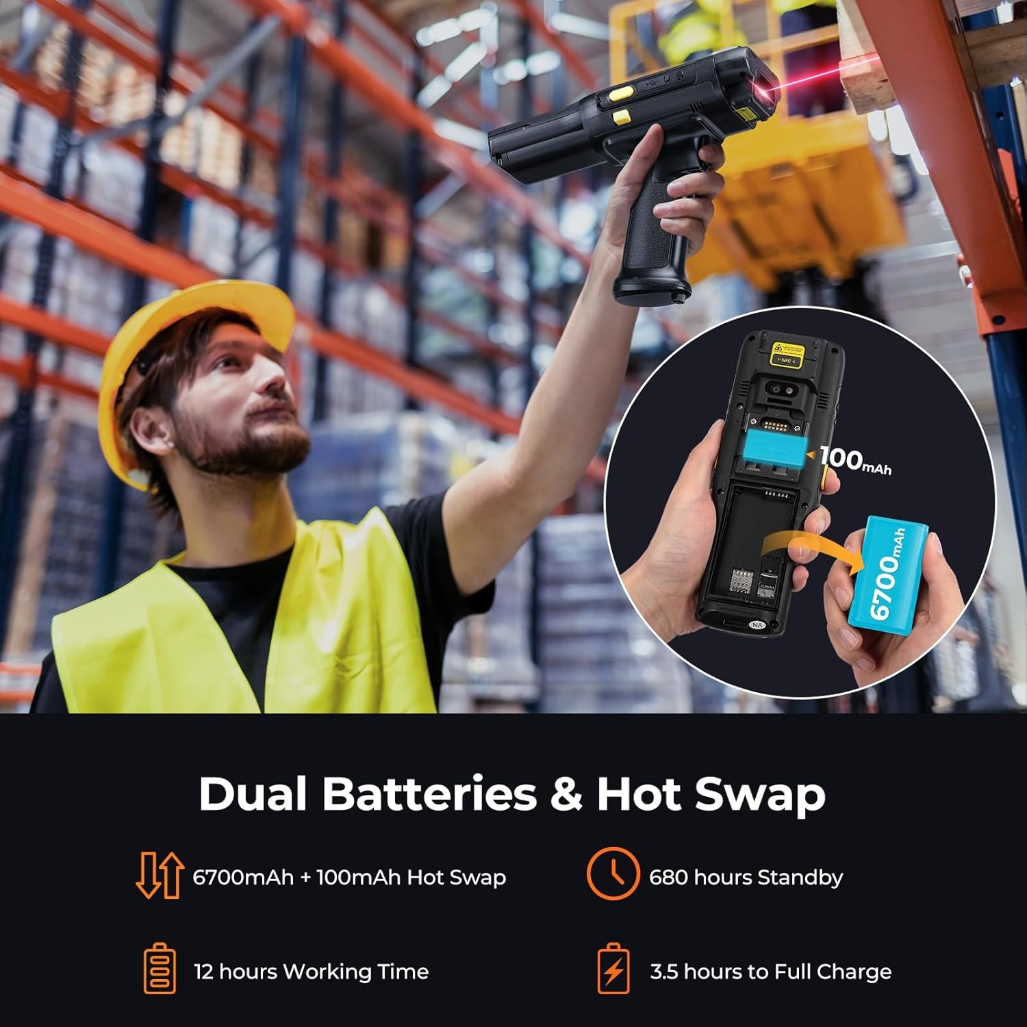 image:imageMUNBYN 2026 Android 13 Barcode Scanner PDA083 Equip with Zebra Mid Range 4750MR Scanner Inventory Handheld PDA with Pistol Grip 1D2DQR Code for Warehouse Logistics