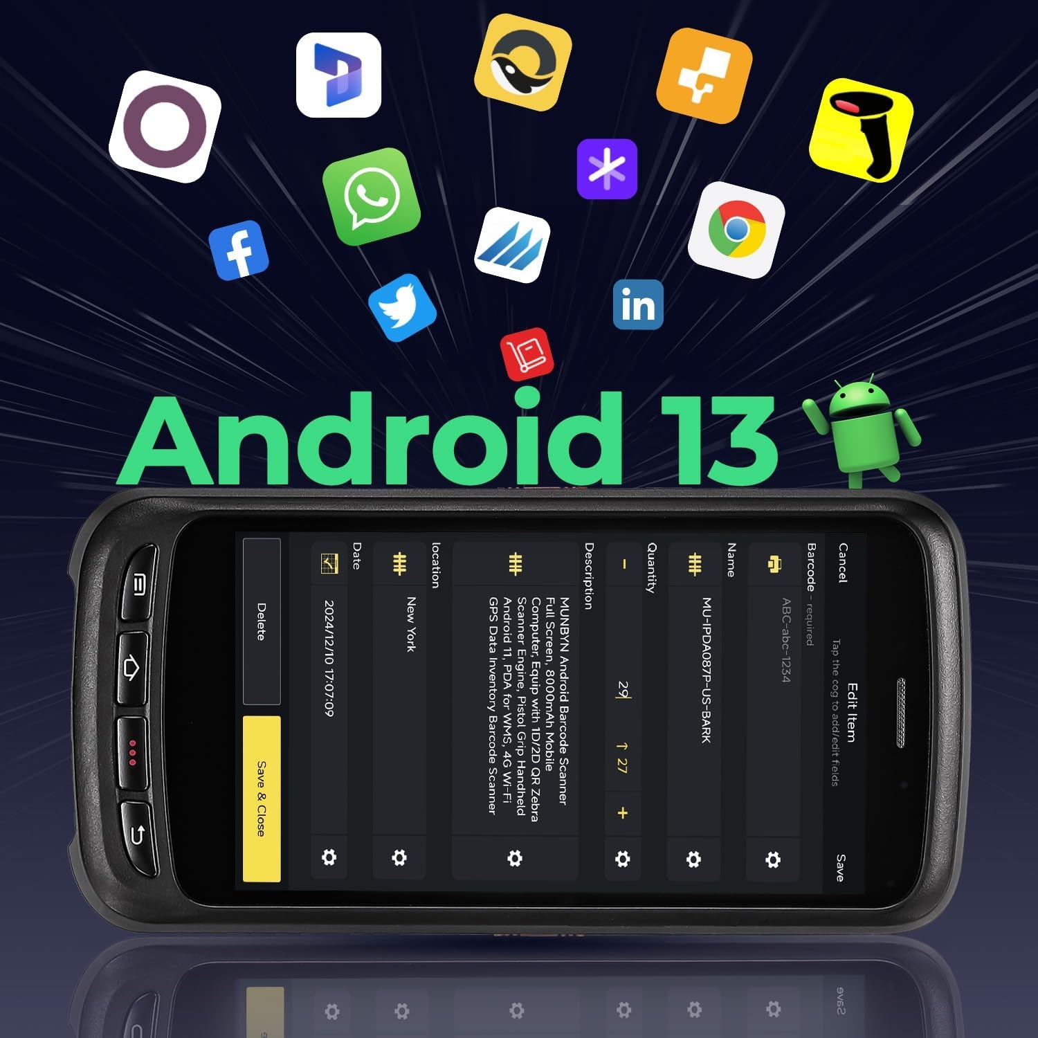 image:imageMUNBYN Android 13 Barcode Scanner Handheld Mobile Computer 1D2D QR US Repair Center 2 Years NoCharge Repairs Zebra SE4750 Engine 8000mAh Full Screen with Pistol Grip 4G WiFi PDA Scanner