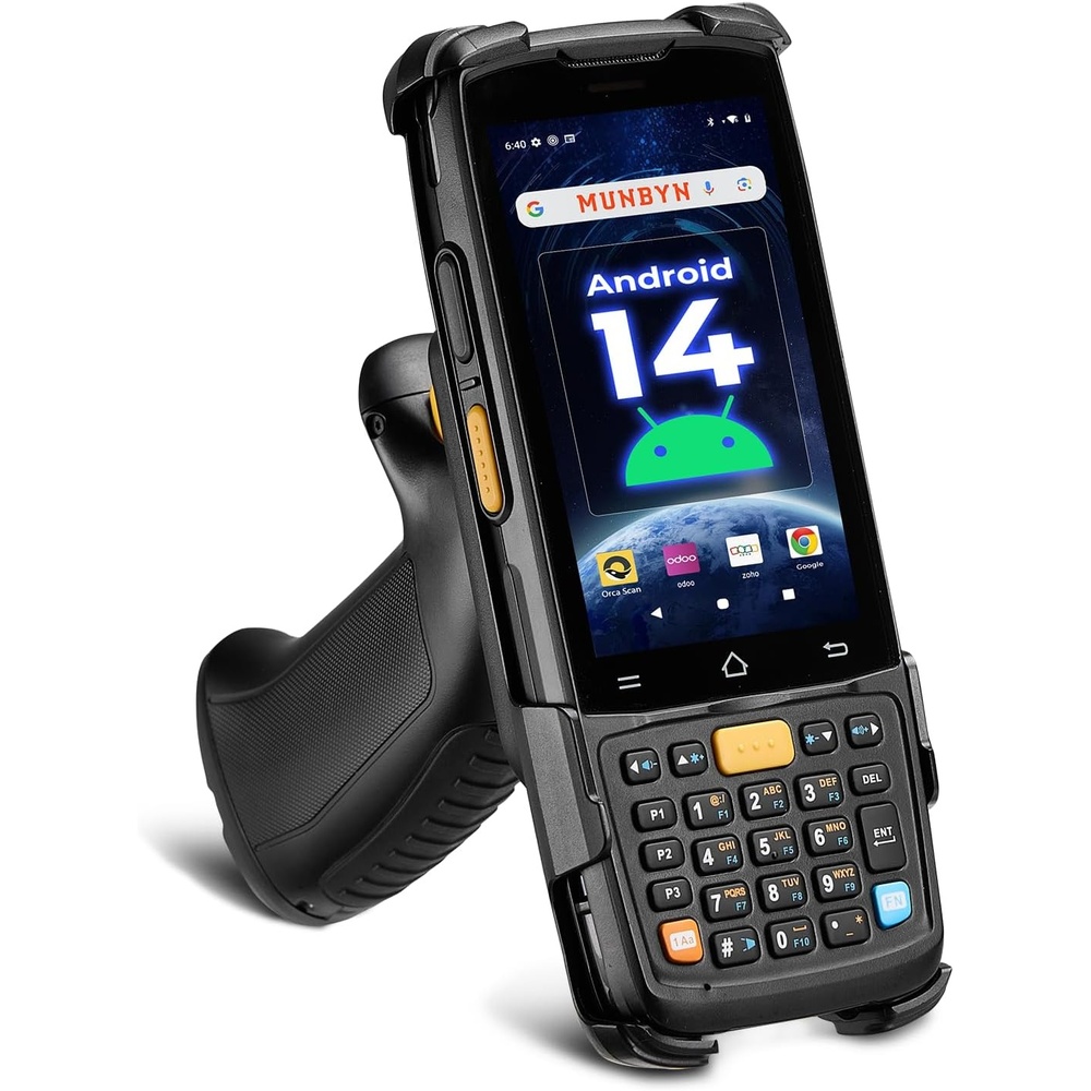 image:imageMUNBYN Android 14 Barcode Scanner with Pistol GripEquipped with Honeywell HS7 QR Scanner 4GB64GB Handheld PDA 4inch Touchscreen IP65 Rugged 5000mAh for Inventory Warehouse Logistics MC005P