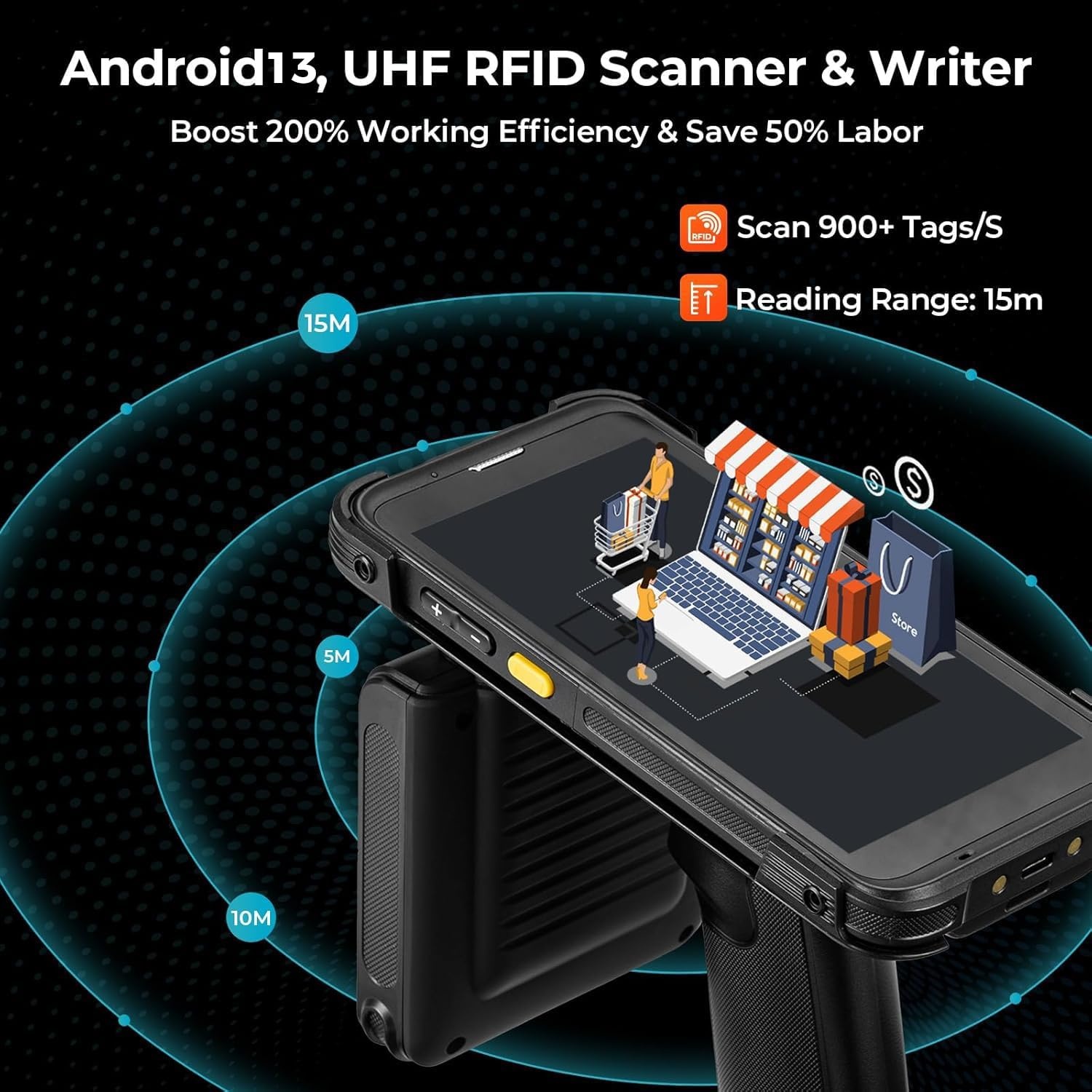 image:imageMUNBYN Android 13 RFID Bar code Scanner with 55 Screen Impinj E710 RFID Tag Reader UHF GS1 EPC GEN2 Equip with Zebra SE4710 1D2DQR Barcode Reader Rugged PDA Mobile Computer Inventory Scanner