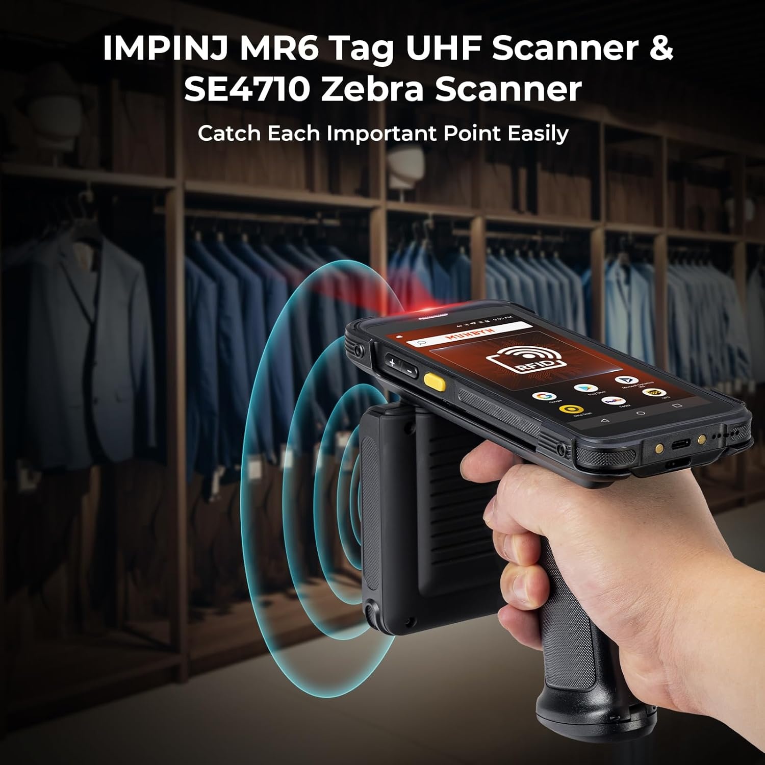 image:imageMUNBYN Android 13 RFID Bar code Scanner with 55 Screen Impinj E710 RFID Tag Reader UHF GS1 EPC GEN2 Equip with Zebra SE4710 1D2DQR Barcode Reader Rugged PDA Mobile Computer Inventory Scanner