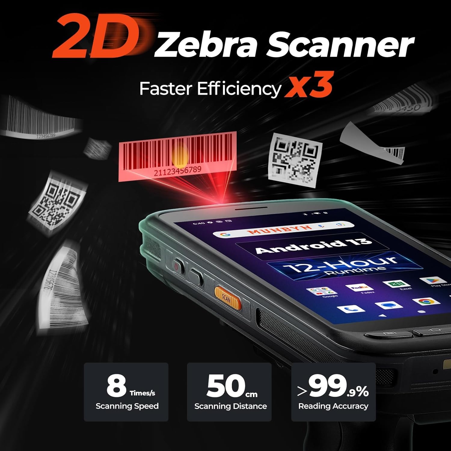 image:imageMUNBYN Android Barcode Scanner Full Screen 8000mAh Mobile Computer 1D2D QR Zebra SE4710 Engine Handheld Android 13 PDA for WMS 4G WiFi Inventory Bar Code Scanner