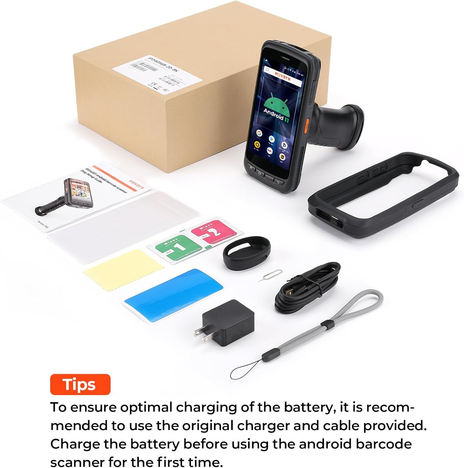 image:imageMUNBYN Android Barcode Scanner with Full Screen Dock Charger Pistol Grip Android 11 Scanner Handheld Computer Rugged PDA SE4750MR 2D Zebra Barcode Scanner ScanRange 34M 4G WiFi BT Collector