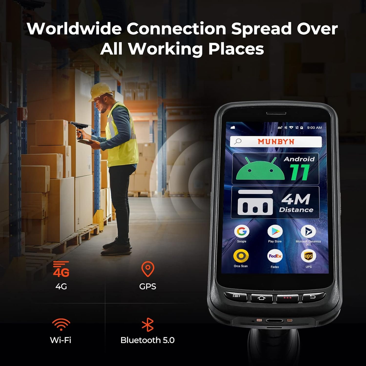 image:imageMUNBYN Android Barcode Scanner with Full Screen Dock Charger Pistol Grip Android 11 Scanner Handheld Computer Rugged PDA SE4750MR 2D Zebra Barcode Scanner ScanRange 34M 4G WiFi BT Collector