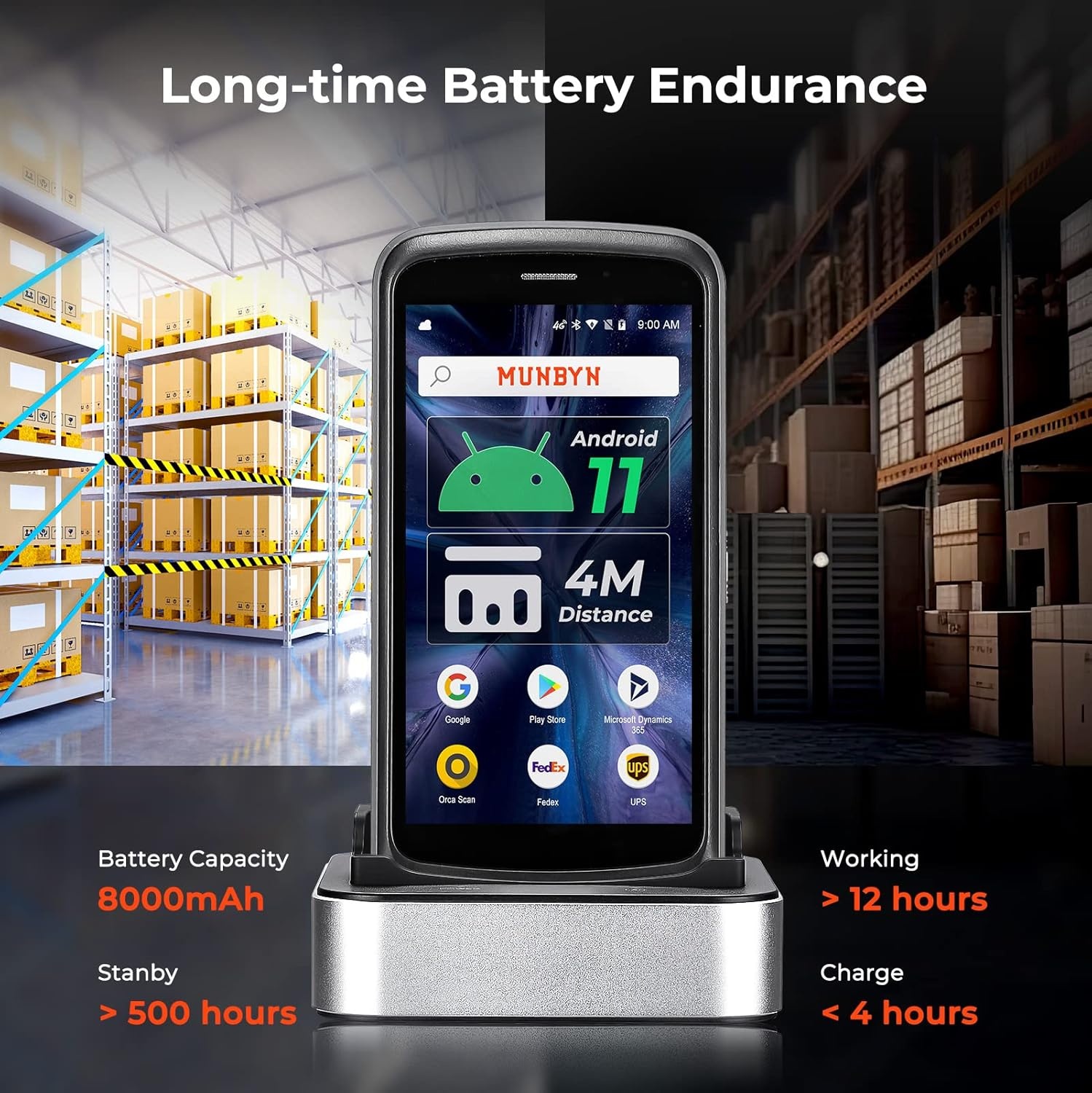 image:imageMUNBYN Android Barcode Scanner with Full Screen Dock Charger Pistol Grip Android 11 Scanner Handheld Computer Rugged PDA SE4750MR 2D Zebra Barcode Scanner ScanRange 34M 4G WiFi BT Collector