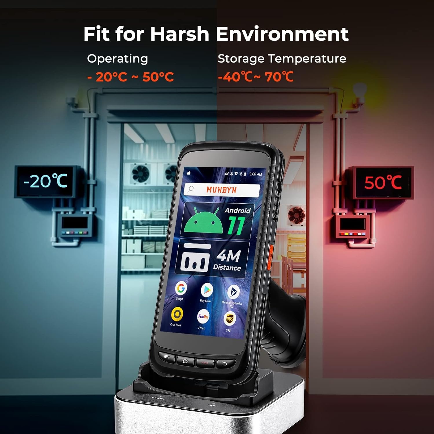 image:imageMUNBYN Android Barcode Scanner with Full Screen Dock Charger Pistol Grip Android 11 Scanner Handheld Computer Rugged PDA SE4750MR 2D Zebra Barcode Scanner ScanRange 34M 4G WiFi BT Collector