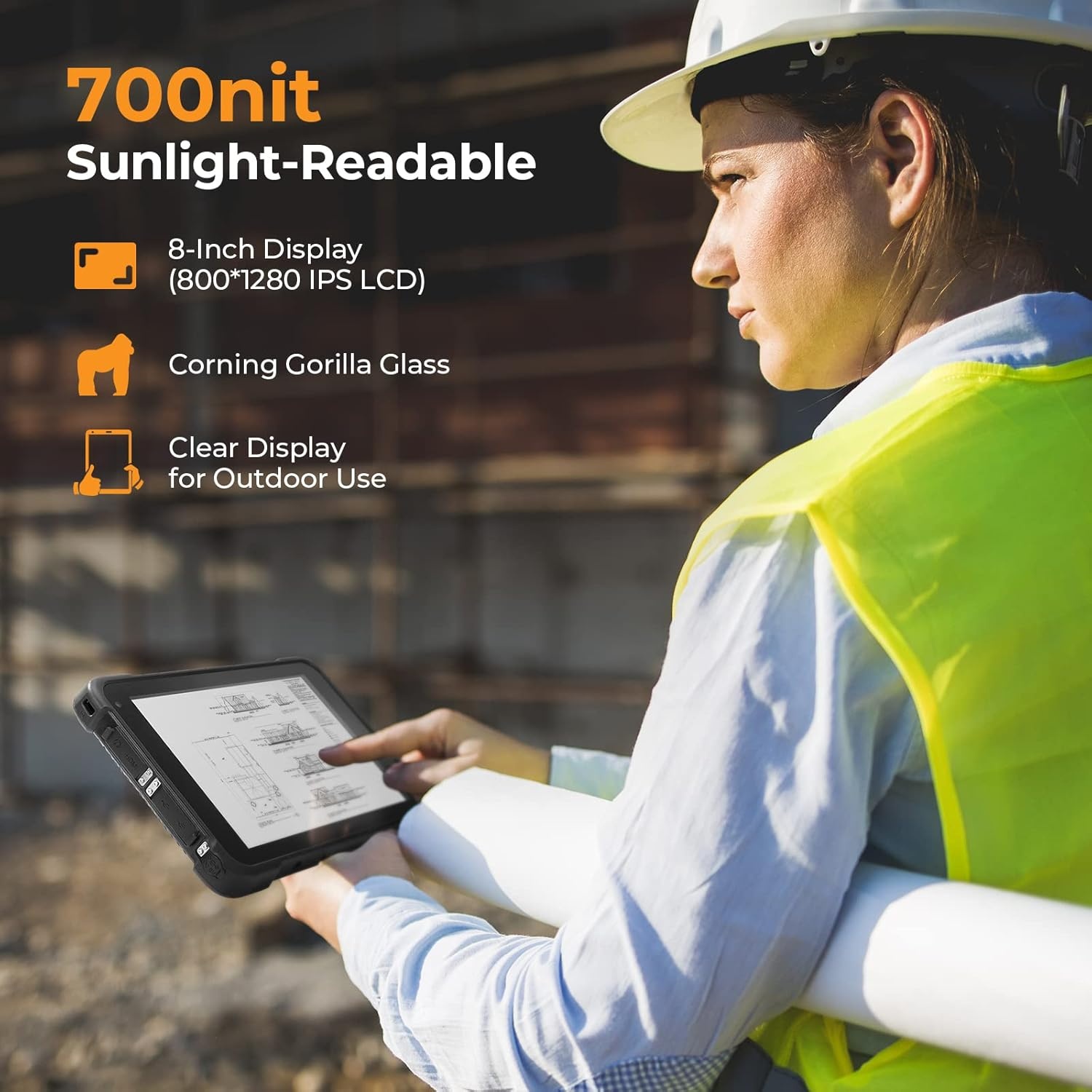 image:imageMUNBYN Rugged Tablet IRT04 8inch Industrial Tablet PC Windows 10 64bit Pro700nit Sunlight Readable Waterproof Tablet 4G WiFiGPS IP67 Drop and Water Resistant for Engineer Contractor Tablet
