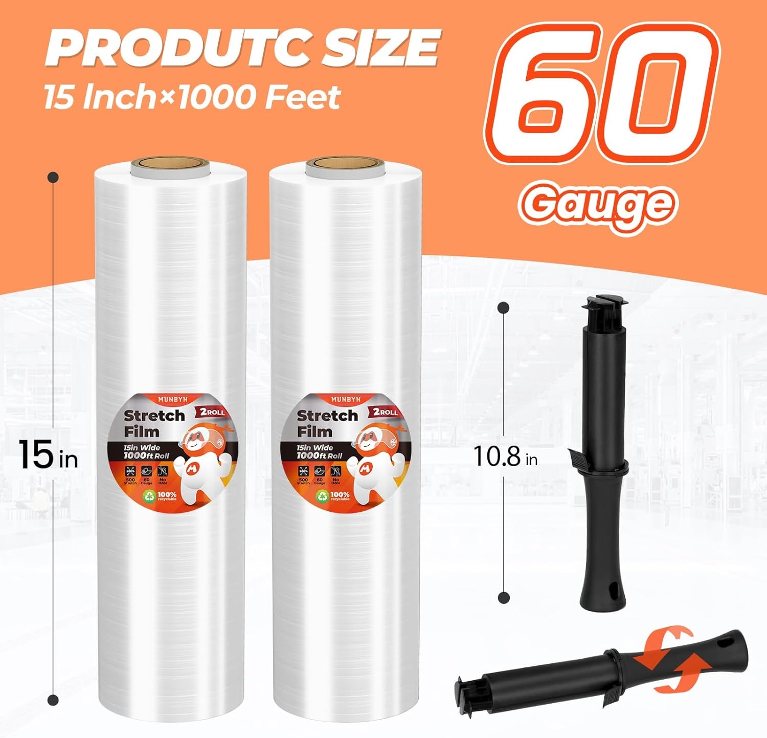 image:imageMUNBYN Shrink Wrap Stretch Wrap with Handles Stretch Film Roll Industrial Strength Plastic Wrap for Pallet Wrapping Shipping Moving 15 Inch x 1000 Ft 4 Pack 60 Gauge4