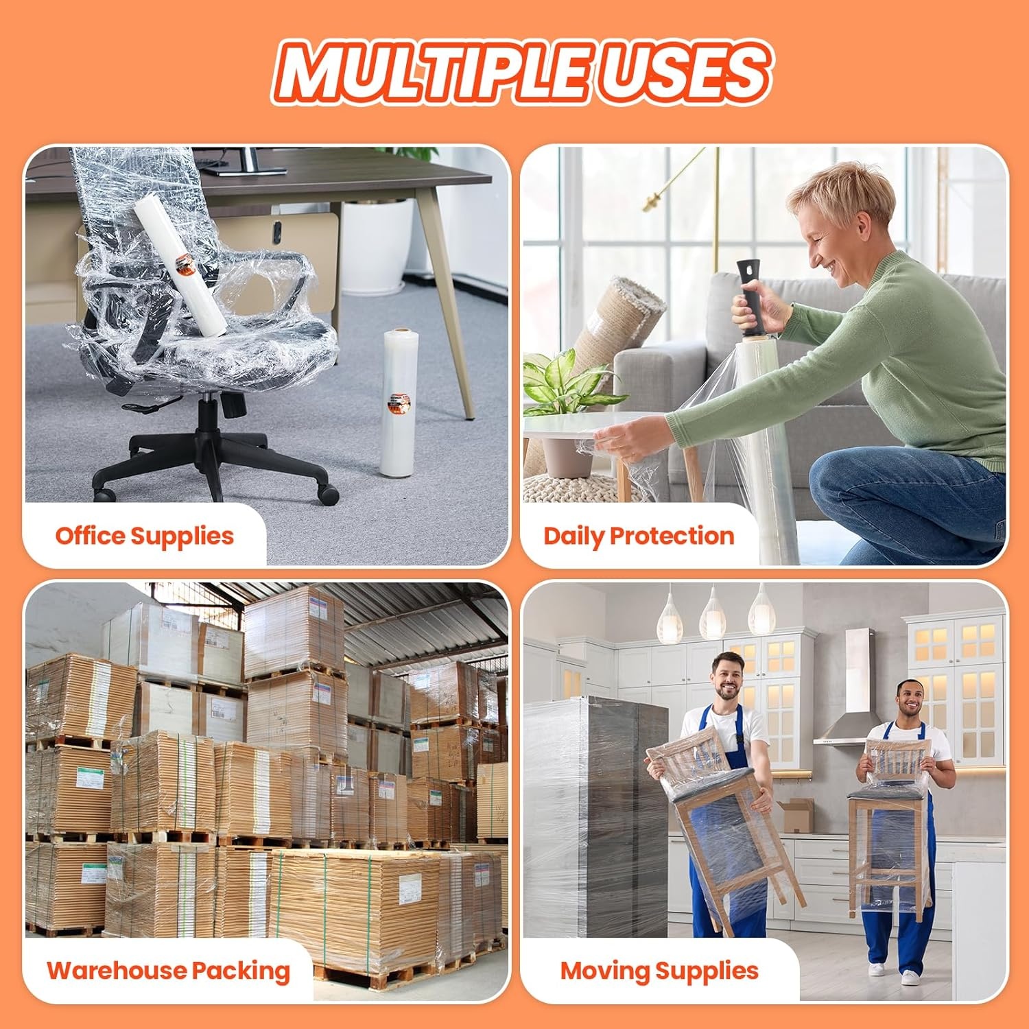 image:imageMUNBYN Shrink Wrap Stretch Wrap with Handles Stretch Film Roll Industrial Strength Plastic Wrap for Pallet Wrapping Shipping Moving 15 Inch x 1000 Ft 4 Pack 60 Gauge4