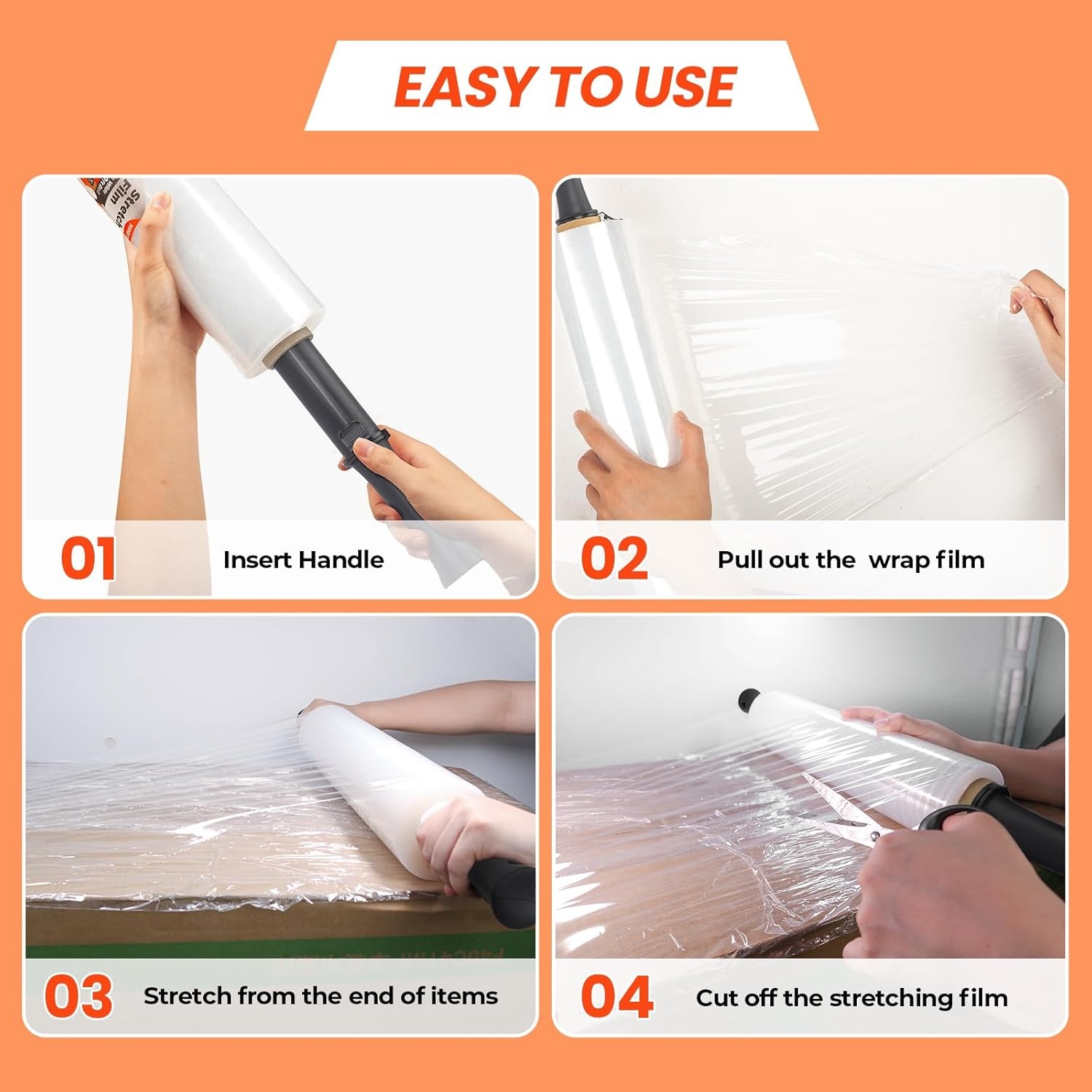 image:imageMUNBYN Shrink Wrap Stretch Wrap with Handles Stretch Film Roll Industrial Strength Plastic Wrap for Pallet Wrapping Shipping Moving 15 Inch x 1000 Ft 4 Pack 60 Gauge4