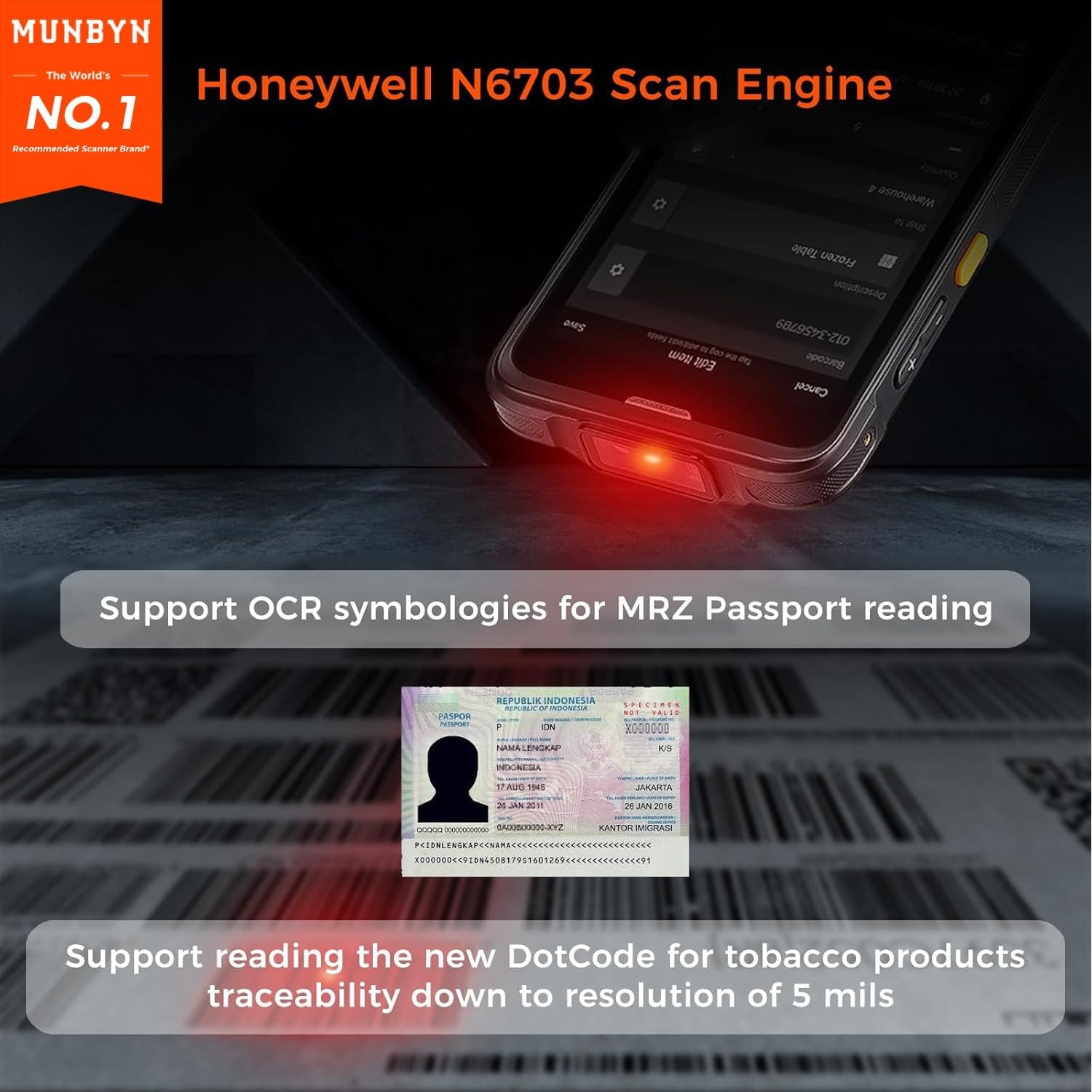 image:imageMUNBYN Upgraded Android 13 Barcode Scanner with OCR ID Scanner Passport Age Verification amp Customer Management Equipped Honeywell N6703 1D2D Wireless Mobile Computer Handheld