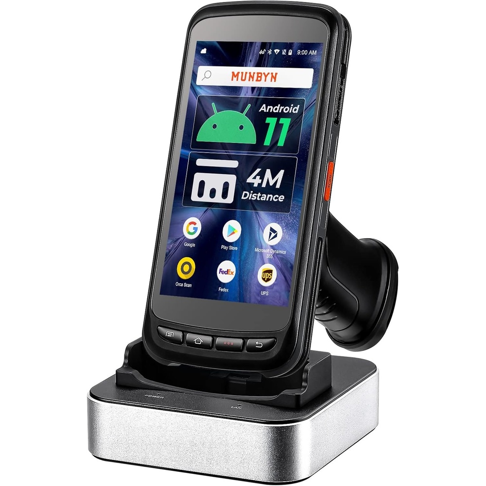 image:imageMUNBYN Android Barcode Scanner with Full Screen Dock Charger Pistol Grip Android 11 Scanner Handheld Computer Rugged PDA SE4750MR 2D Zebra Barcode Scanner ScanRange 34M 4G WiFi BT Collector